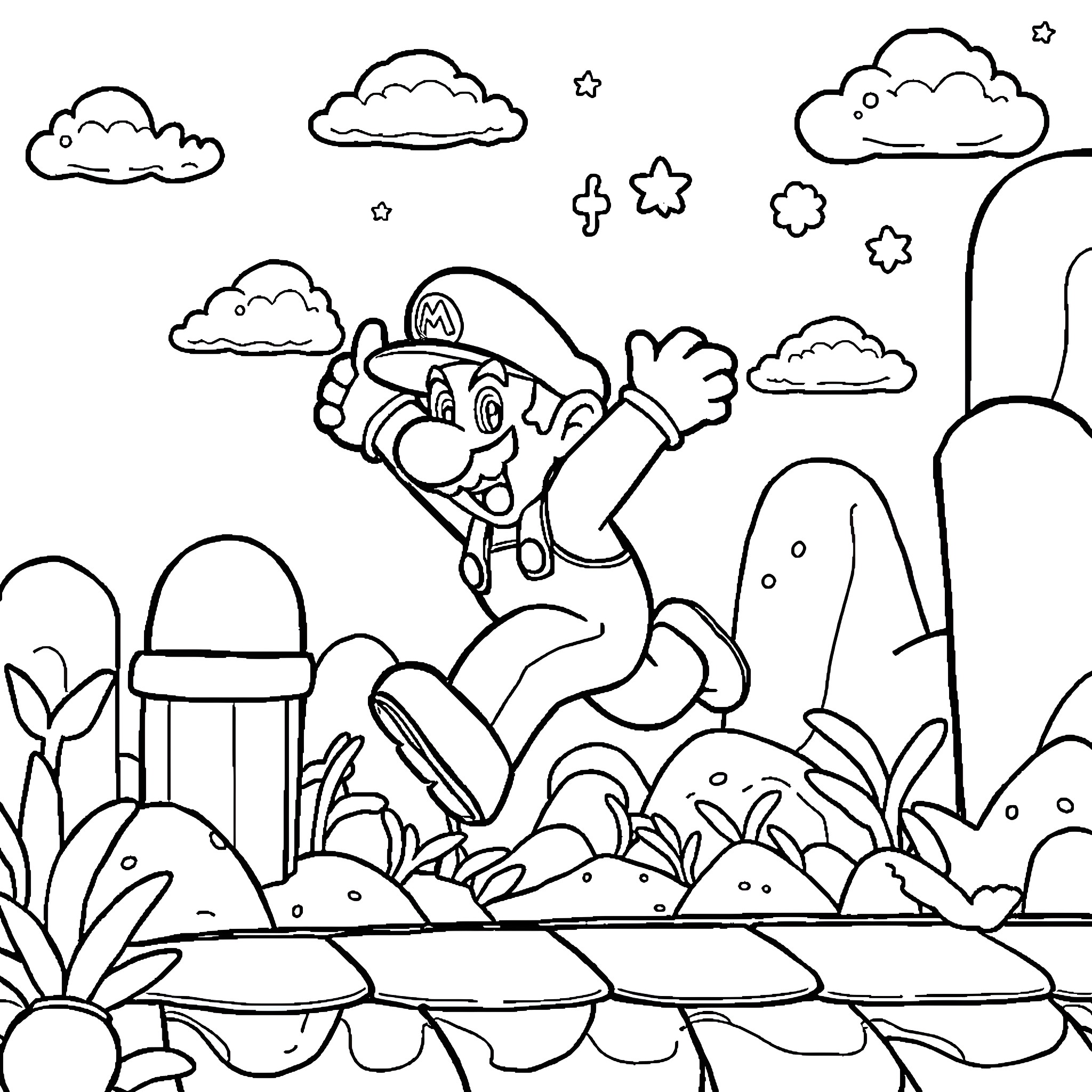 Mario jumping in the mushroom kingdom landscape Coloring Page (free black-and-white line drawing printable PDF for all, from beginners to advanced learners, including children, teens, adults, and seniors)
