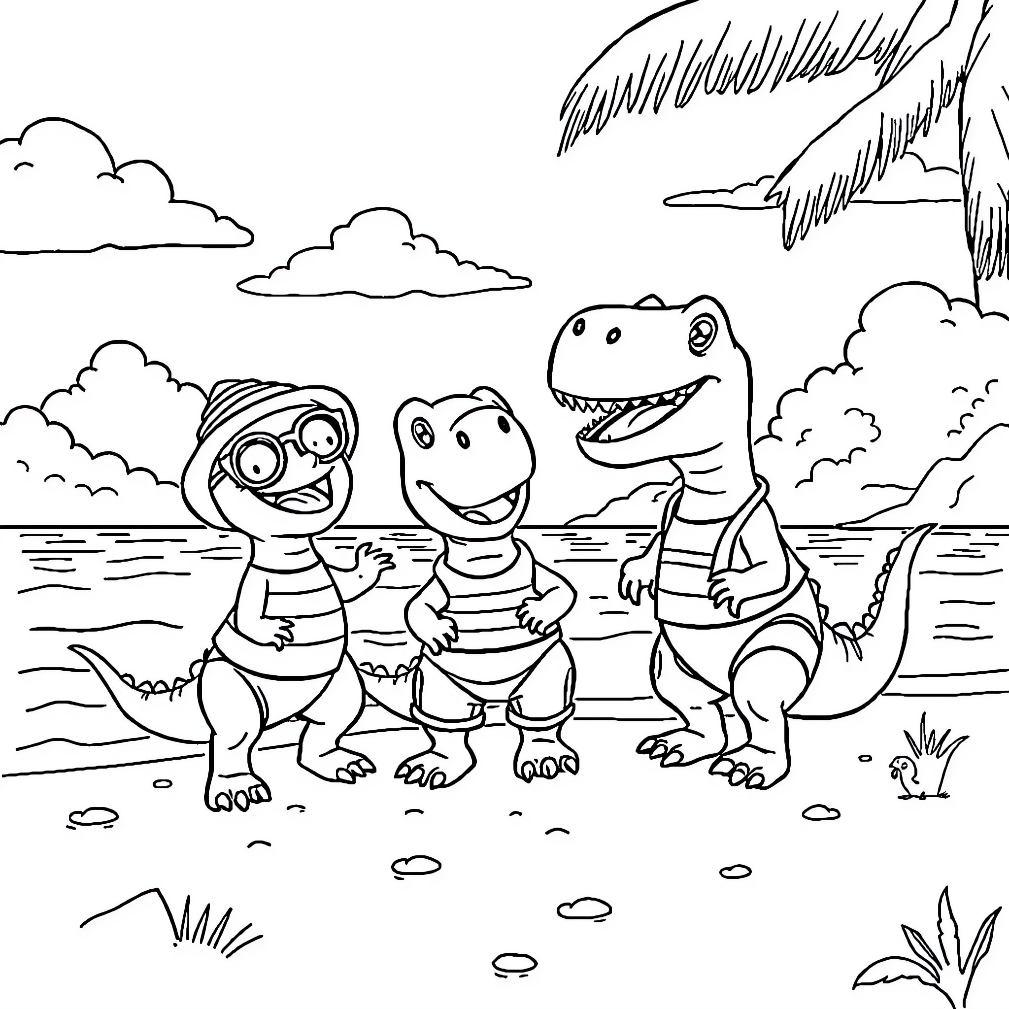 Dinoster's Prehistoric Adventure with Dinosaur Friends Coloring Page (free black-and-white line drawing printable PDF for all, from beginners to advanced learners, including children, teens, adults, and seniors)
