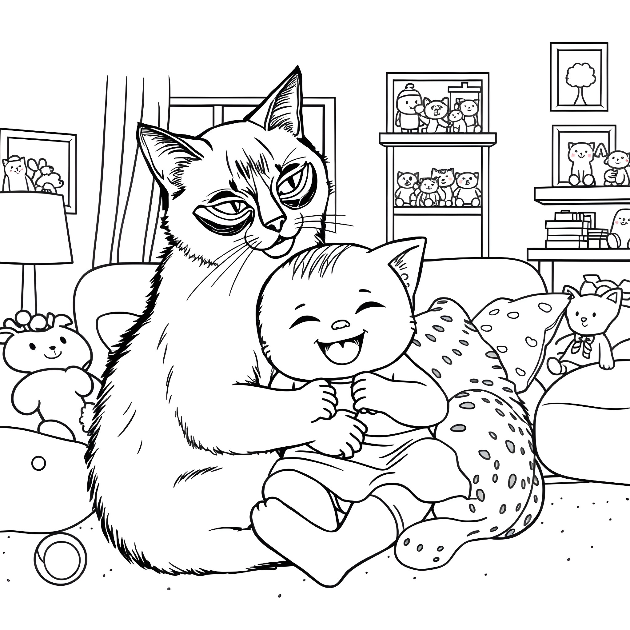 Cats relaxing in their cozy home Coloring Page (free black-and-white line drawing printable PDF for all, from beginners to advanced learners, including children, teens, adults, and seniors)
