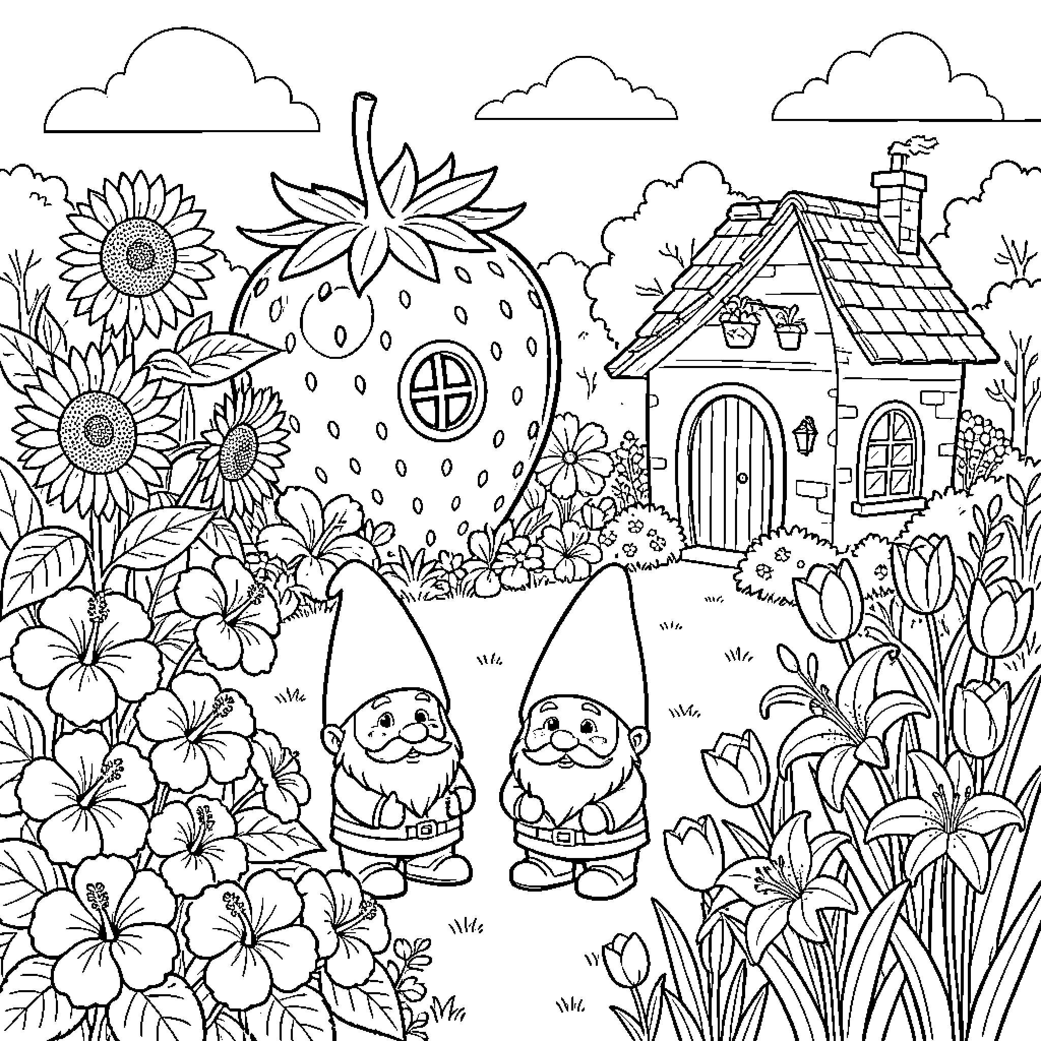 Gnome companions exploring whimsical garden landscape Coloring Page (free black-and-white line drawing printable PDF for all, from beginners to advanced learners, including children, teens, adults, and seniors)