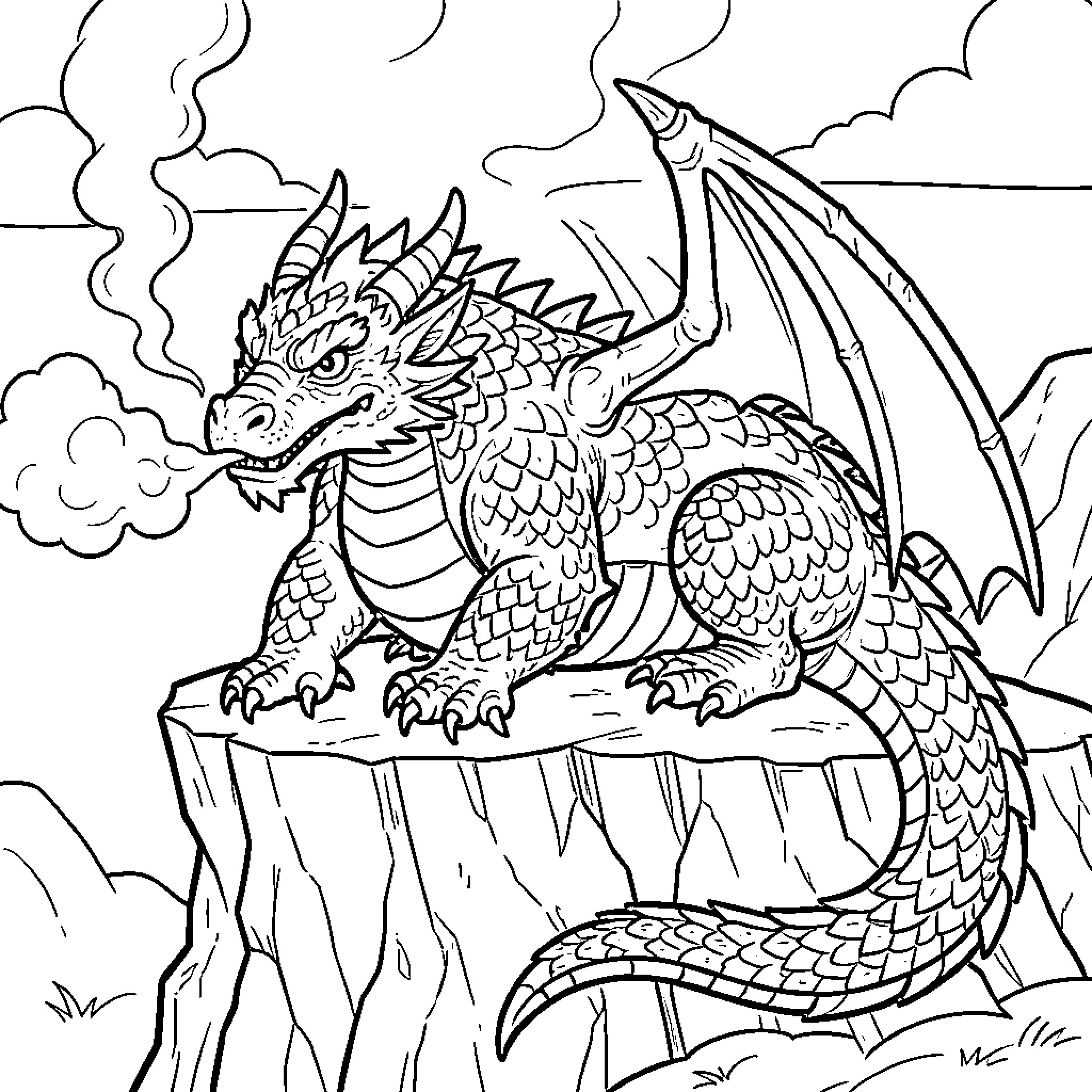 Dragon breathing fire on a cliff Coloring Page (free black-and-white line drawing printable PDF for all, from beginners to advanced learners, including children, teens, adults, and seniors)