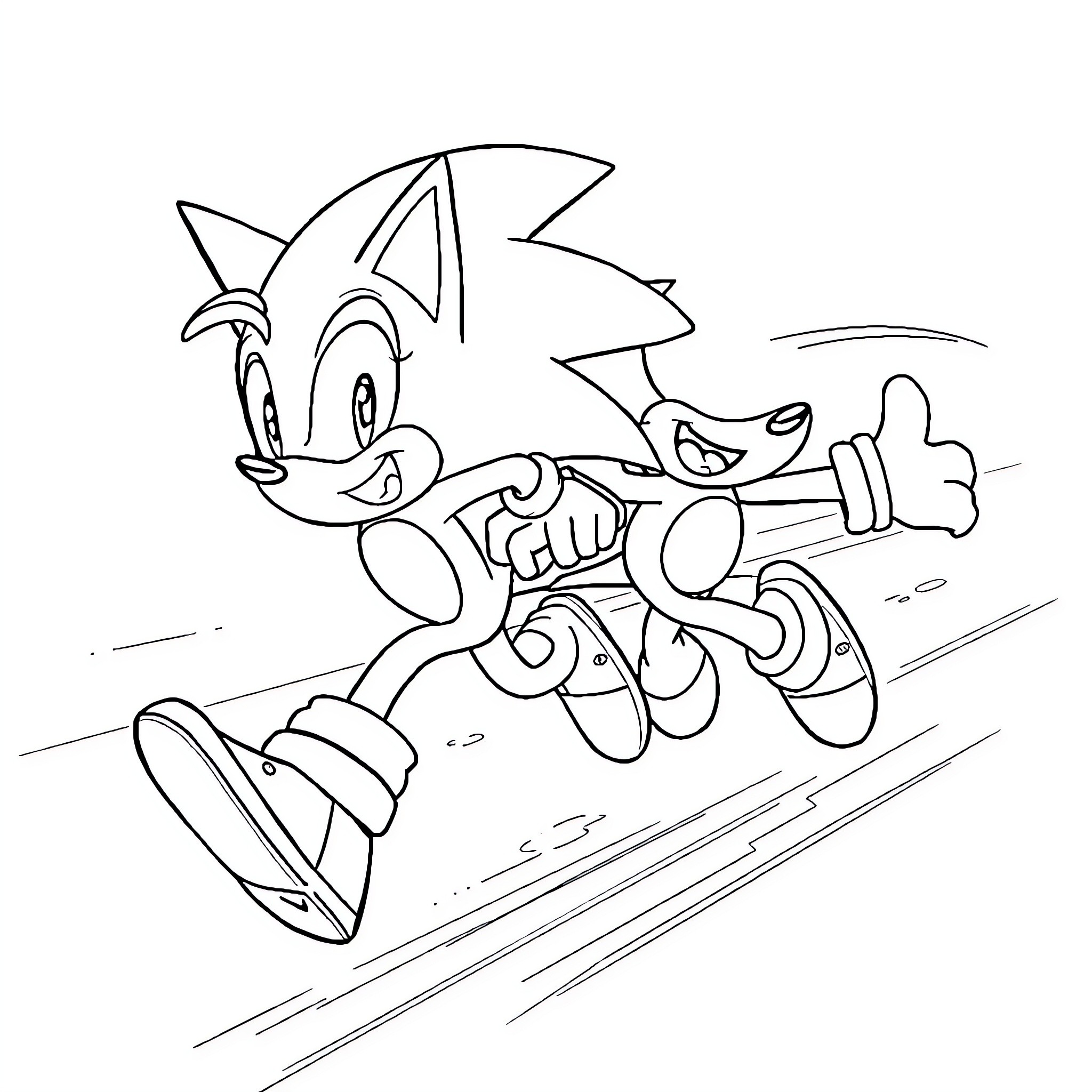 Sonic running joyfully in the scene Coloring Page (free black-and-white line drawing printable PDF for all, from beginners to advanced learners, including children, teens, adults, and seniors)