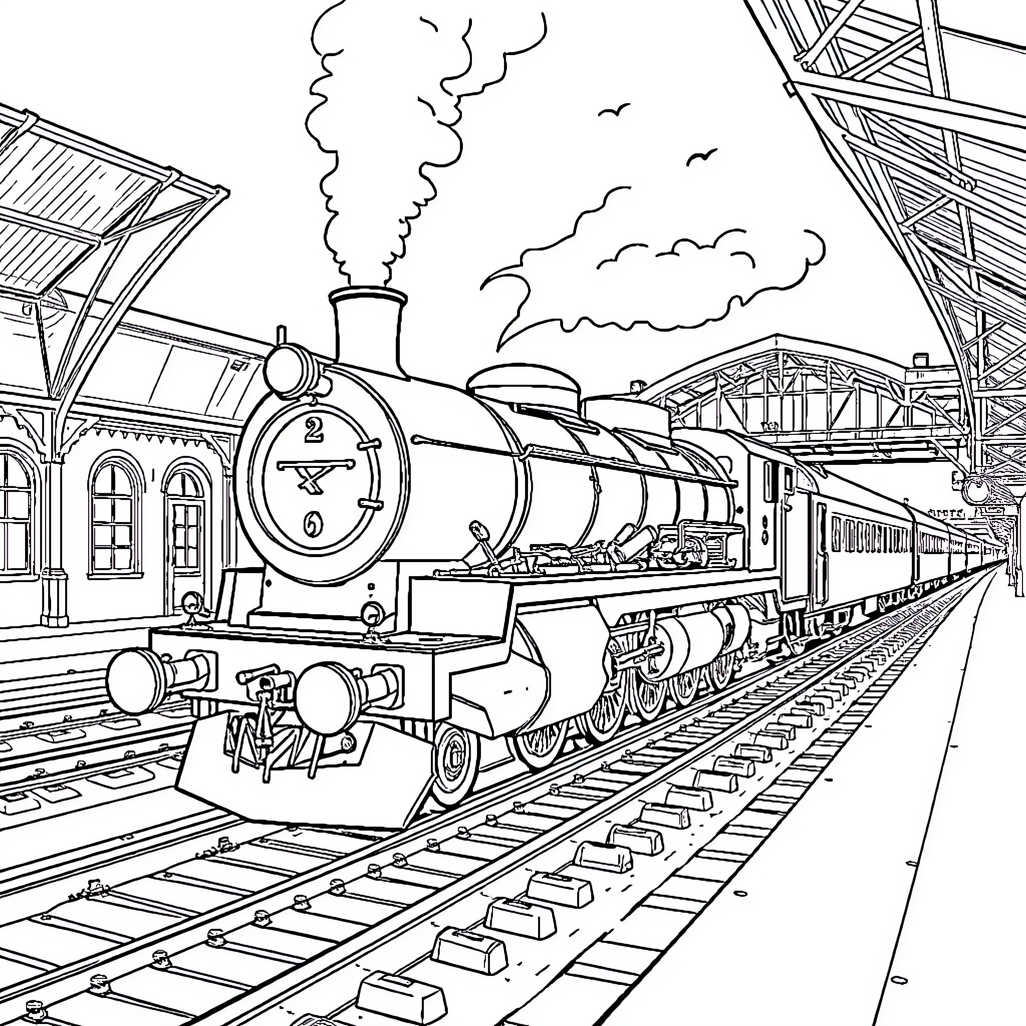 Lokomotive Steaming Through the Old Train Station Coloring Page (free black-and-white line drawing printable PDF for all, from beginners to advanced learners, including children, teens, adults, and seniors)