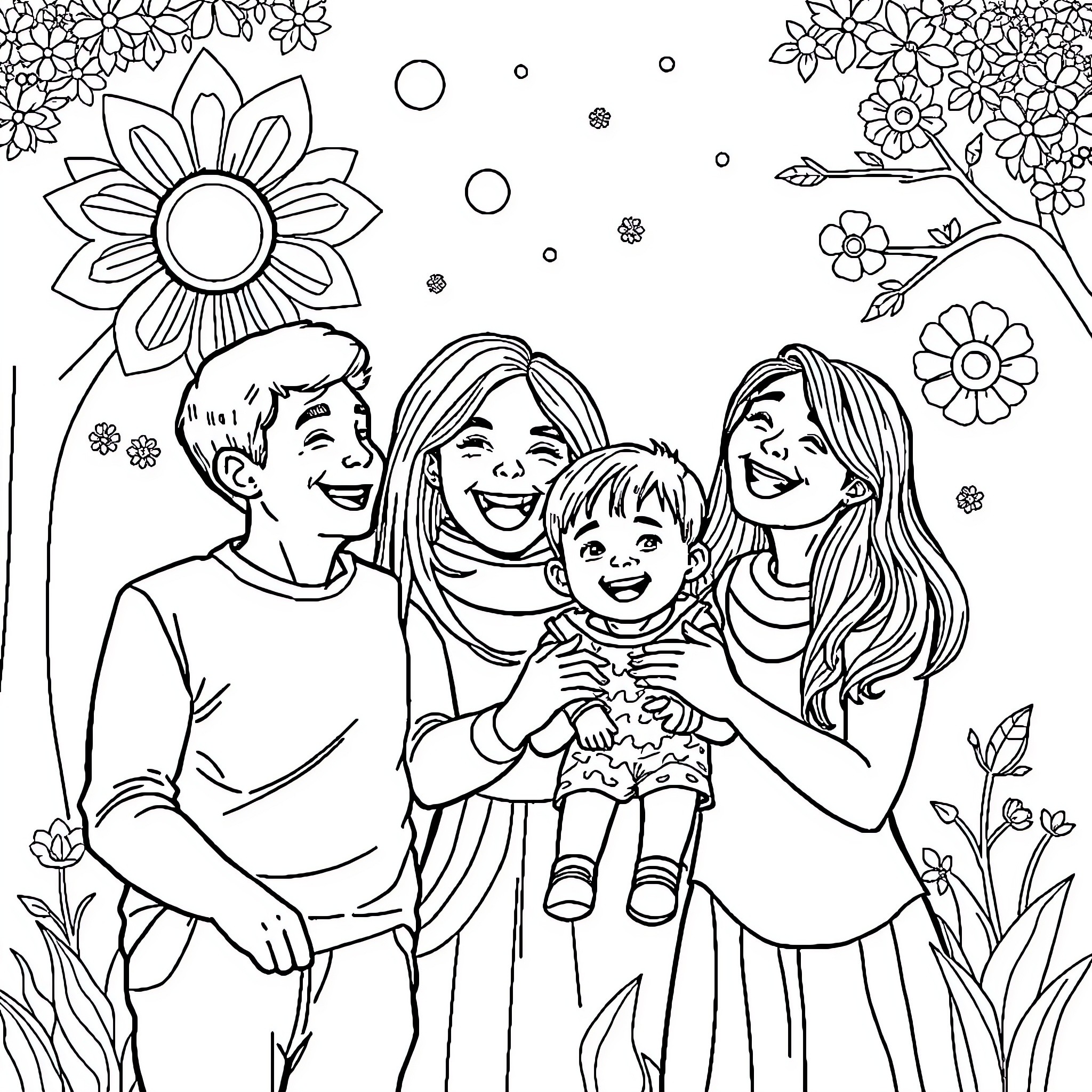 Adult family enjoying the outdoors together Coloring Page (free black-and-white line drawing printable PDF for all, from beginners to advanced learners, including children, teens, adults, and seniors)