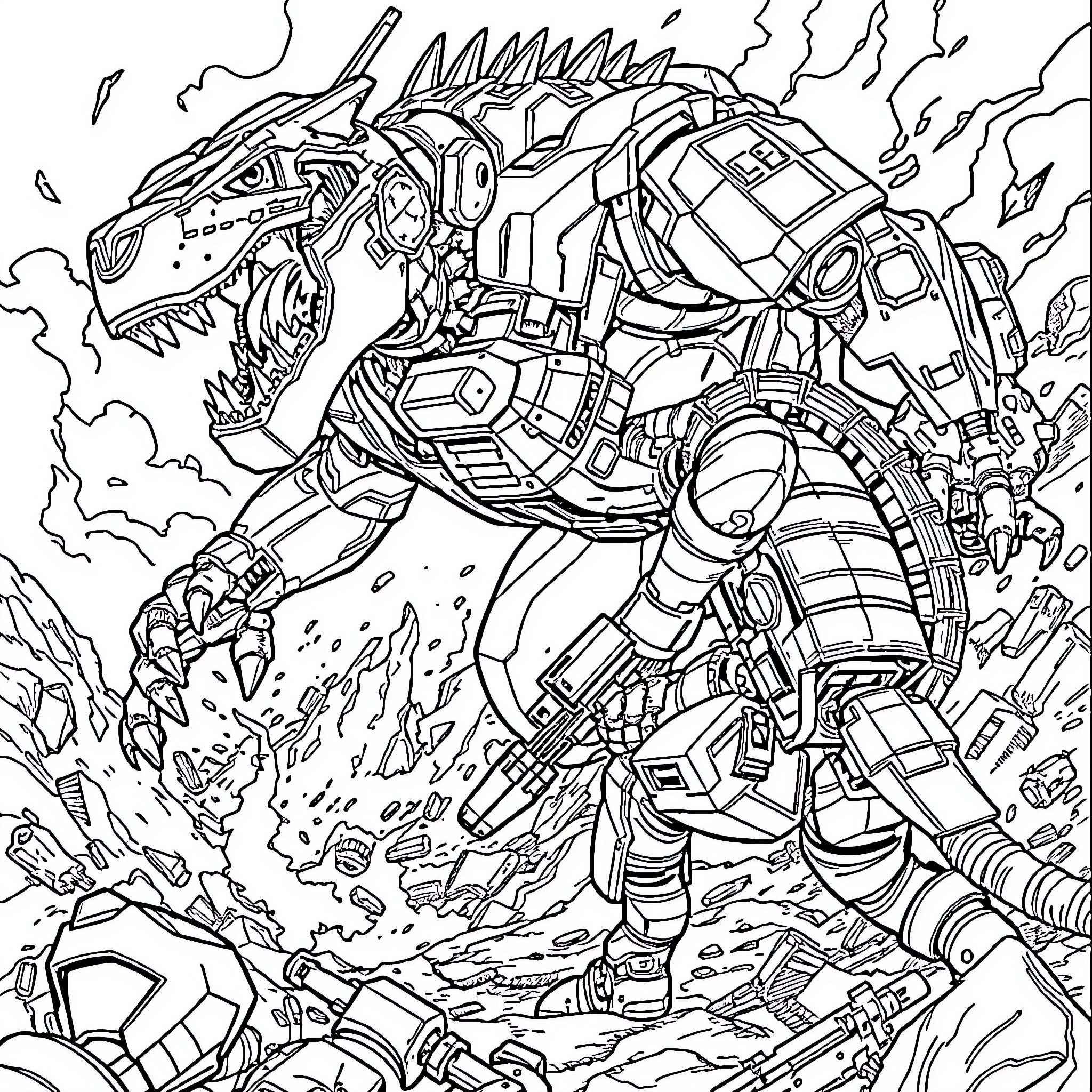 Solid Snake in Mech Suit Battling Fierce Robotic Creature Coloring Page (free black-and-white line drawing printable PDF for all, from beginners to advanced learners, including children, teens, adults, and seniors)