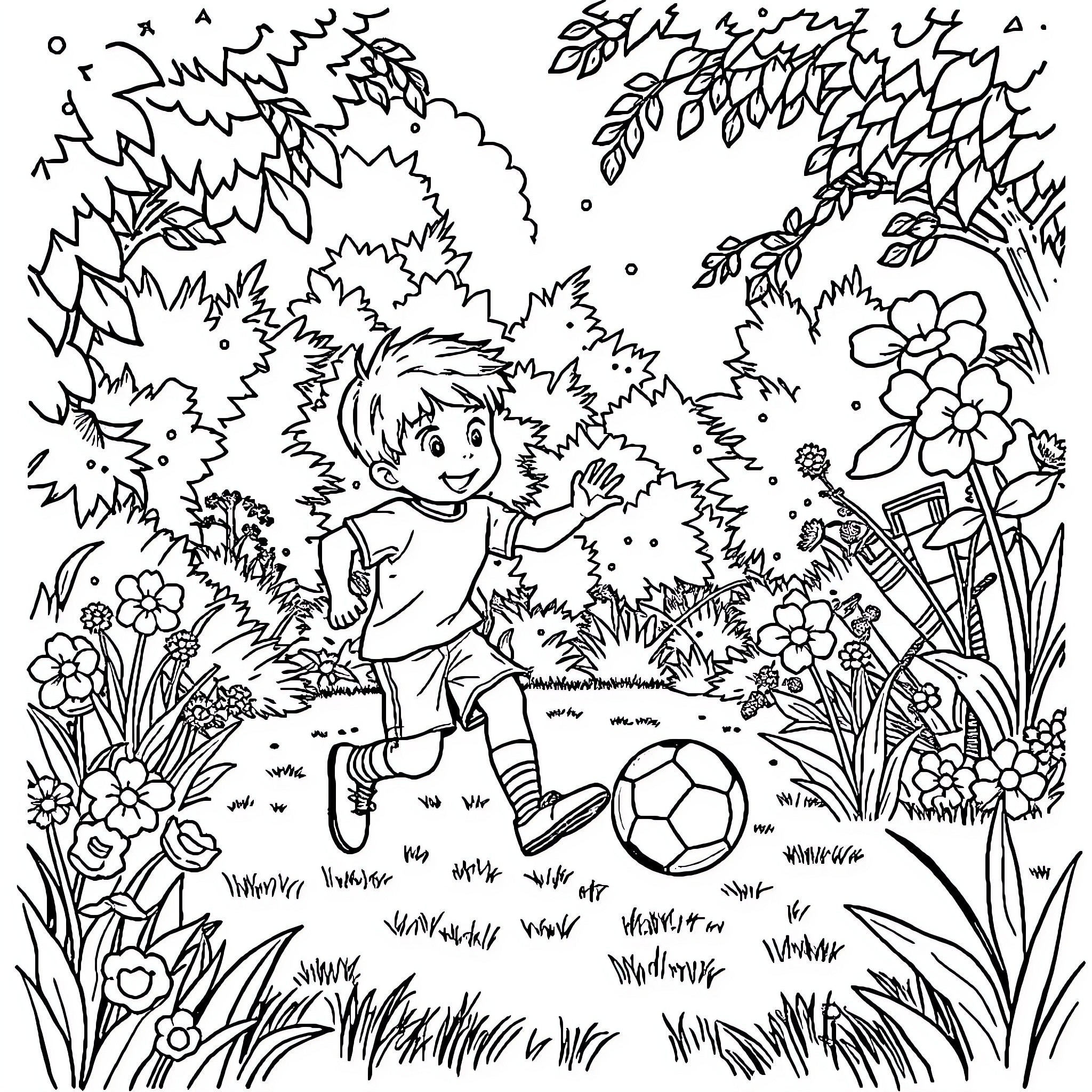 Boy playing joyfully with soccer ball in garden Coloring Page (free black-and-white line drawing printable PDF for all, from beginners to advanced learners, including children, teens, adults, and seniors)