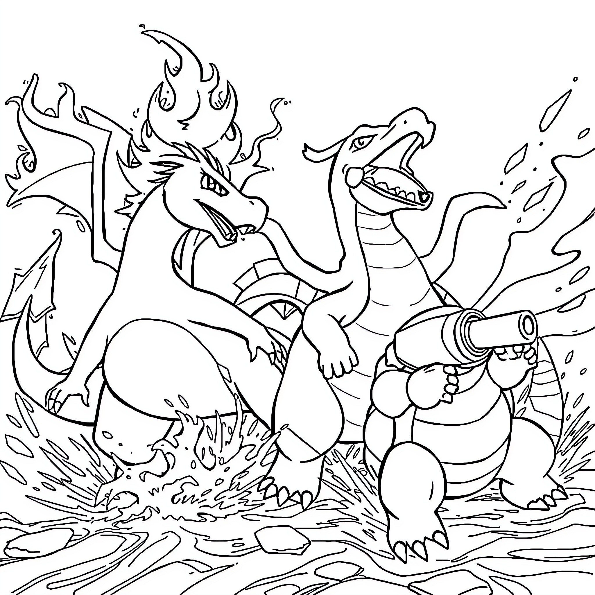 Charizard battling a powerful opponent Coloring Page (free black-and-white line drawing printable PDF for all, from beginners to advanced learners, including children, teens, adults, and seniors)
