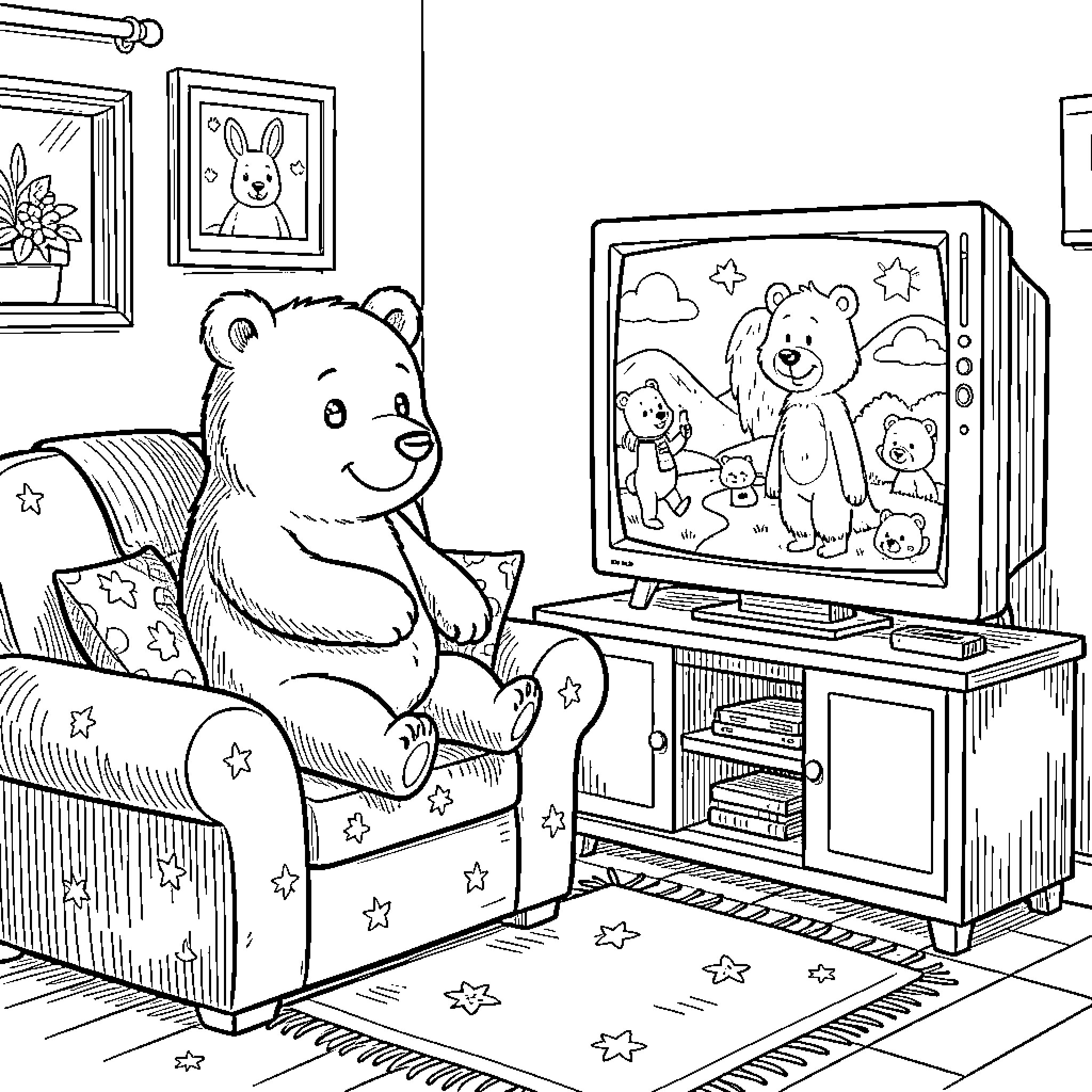 Bear watching TV and surrounded by toys Coloring Page (free black-and-white line drawing printable PDF for all, from beginners to advanced learners, including children, teens, adults, and seniors)