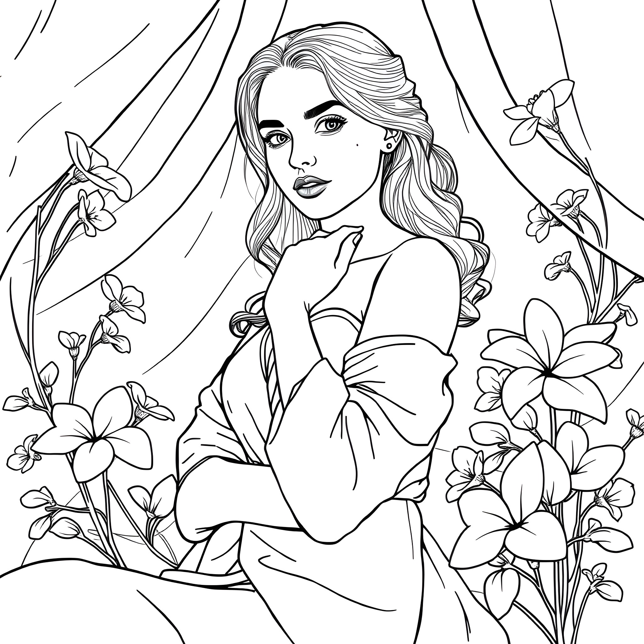 Girl in floral surroundings Coloring Page (free black-and-white line drawing printable PDF for all, from beginners to advanced learners, including children, teens, adults, and seniors)