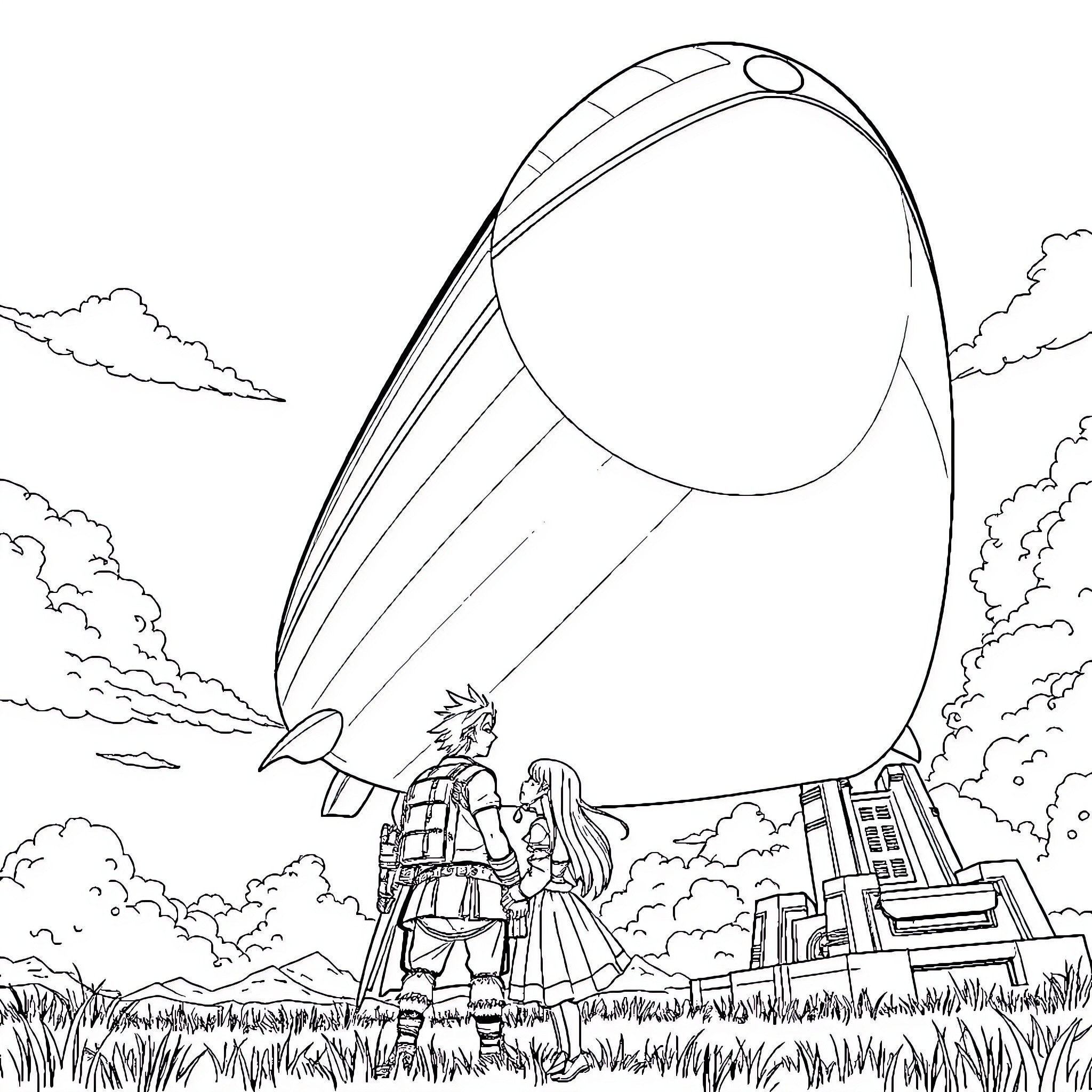 Cloud Strife and companion exploring a mystical landscape Coloring Page (free black-and-white line drawing printable PDF for all, from beginners to advanced learners, including children, teens, adults, and seniors)
