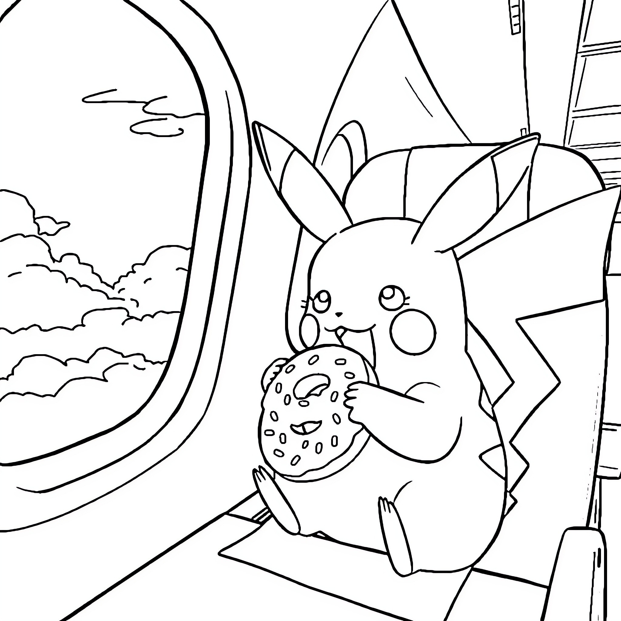 Pikachu enjoying a delightful snack Coloring Page (free black-and-white line drawing printable PDF for all, from beginners to advanced learners, including children, teens, adults, and seniors)