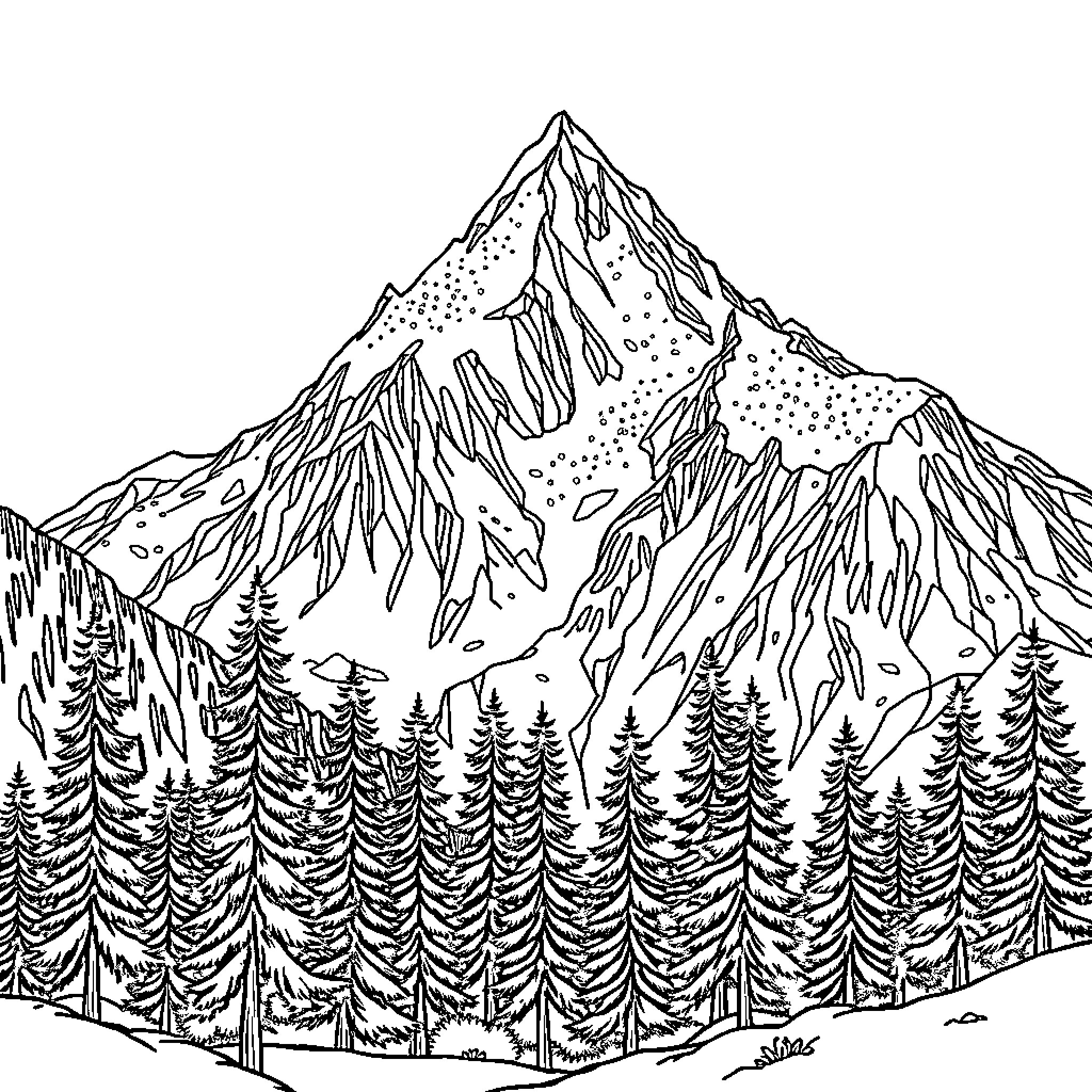Mountain landscape with pine forest and snowy peaks Coloring Page (free black-and-white line drawing printable PDF for all, from beginners to advanced learners, including children, teens, adults, and seniors)