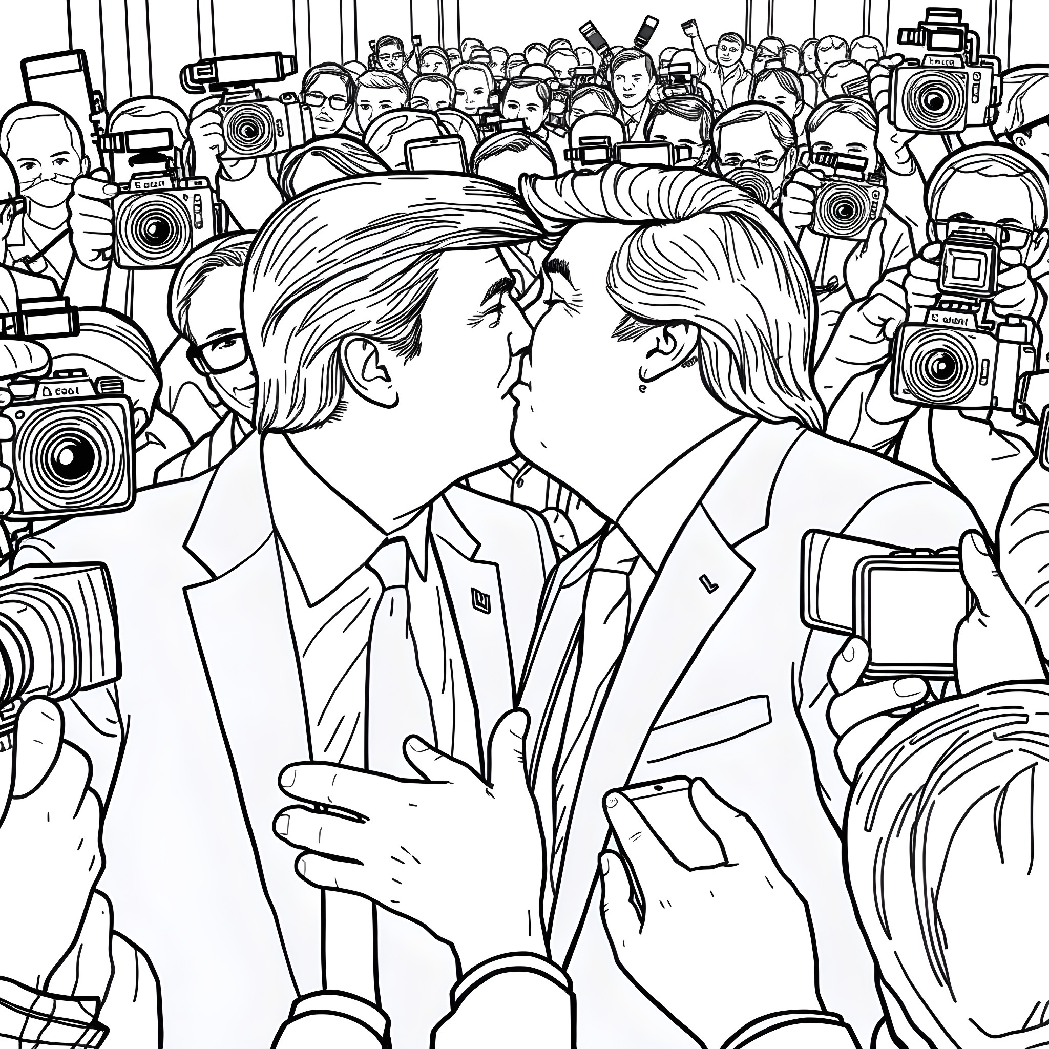 Donald Trump and Joe Biden in heated confrontation with press Coloring Page (free black-and-white line drawing printable PDF for all, from beginners to advanced learners, including children, teens, adults, and seniors)