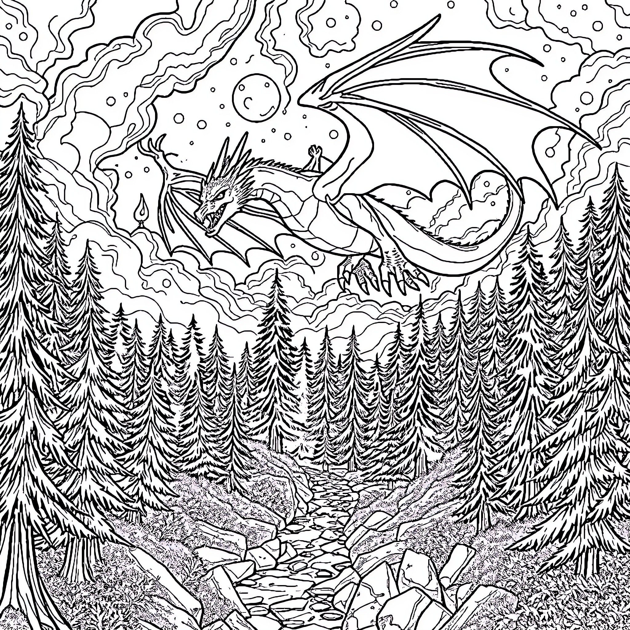 Dragon soaring over majestic forests and landscapes Coloring Page (free black-and-white line drawing printable PDF for all, from beginners to advanced learners, including children, teens, adults, and seniors)