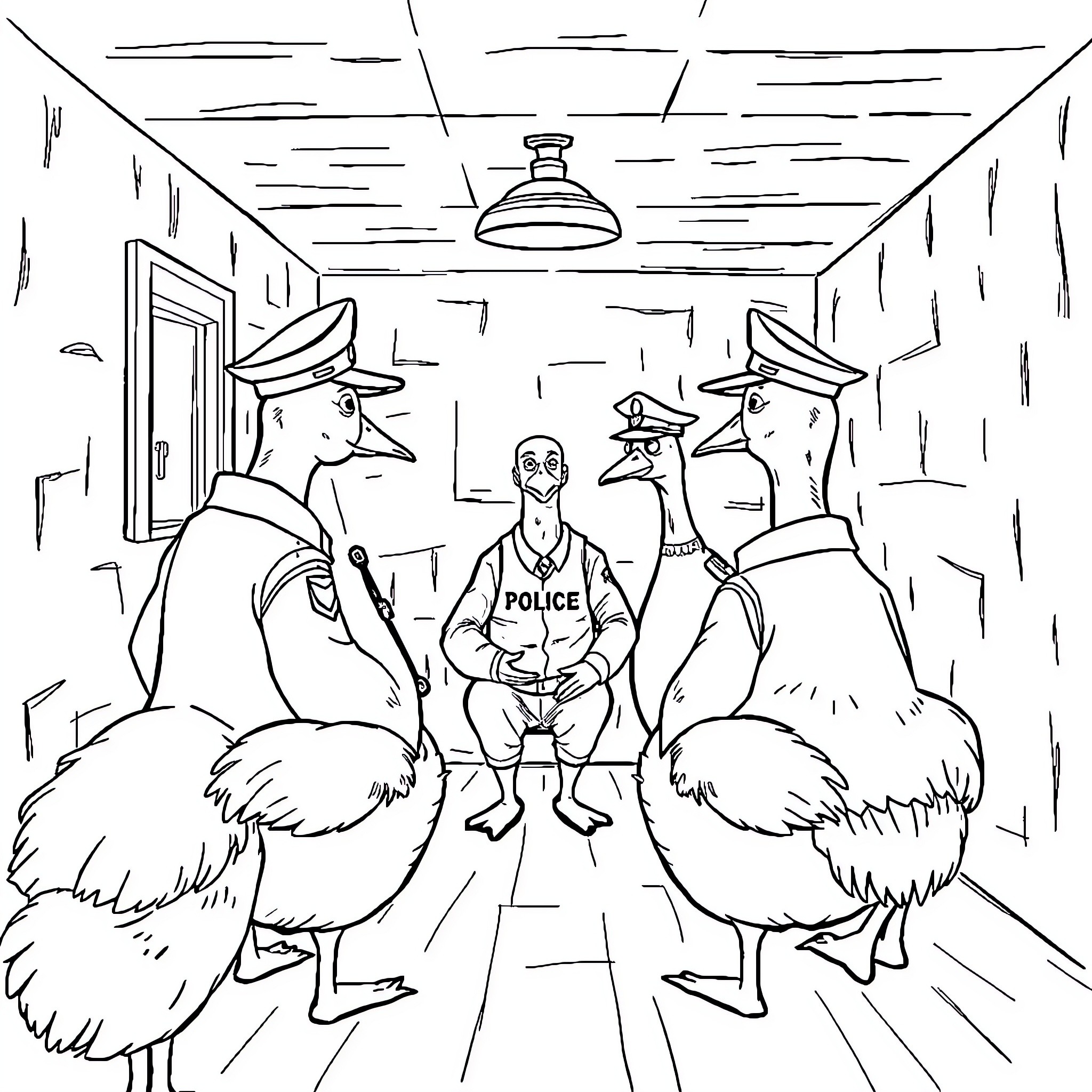 Goose officers interrogating a suspect in a police station Coloring Page (free black-and-white line drawing printable PDF for all, from beginners to advanced learners, including children, teens, adults, and seniors)
