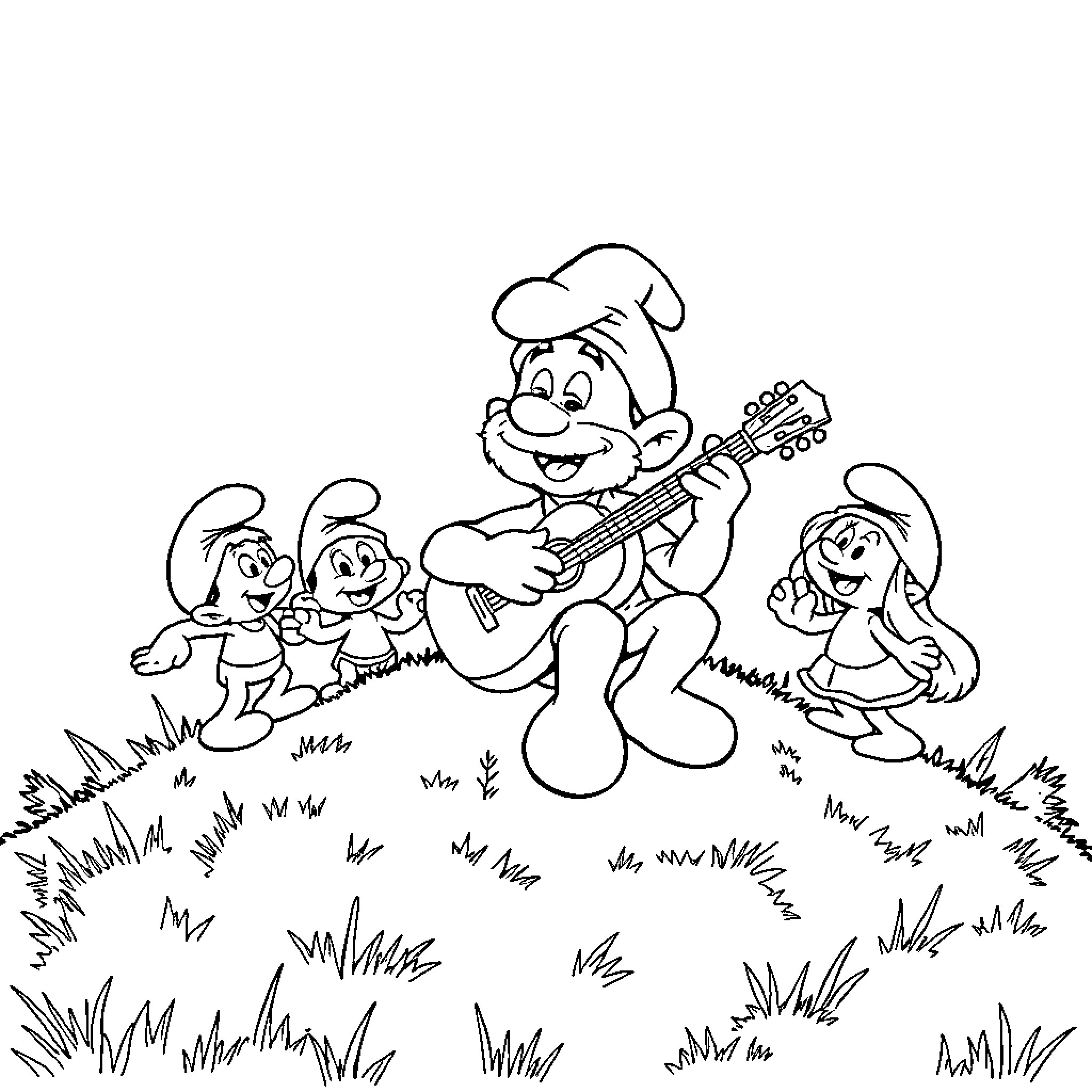Gargamel and the Smurfs enjoying music outdoors Coloring Page (free black-and-white line drawing printable PDF for all, from beginners to advanced learners, including children, teens, adults, and seniors)
