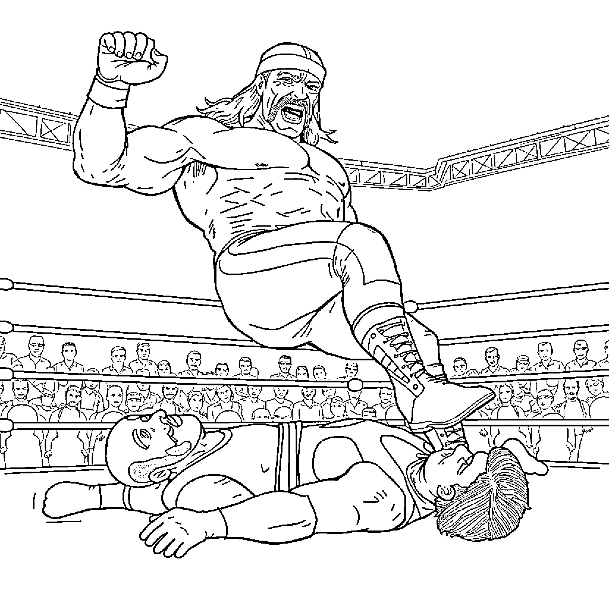 Hulk Hogan Wrestling Opponent in the Ring Coloring Page (free black-and-white line drawing printable PDF for all, from beginners to advanced learners, including children, teens, adults, and seniors)
