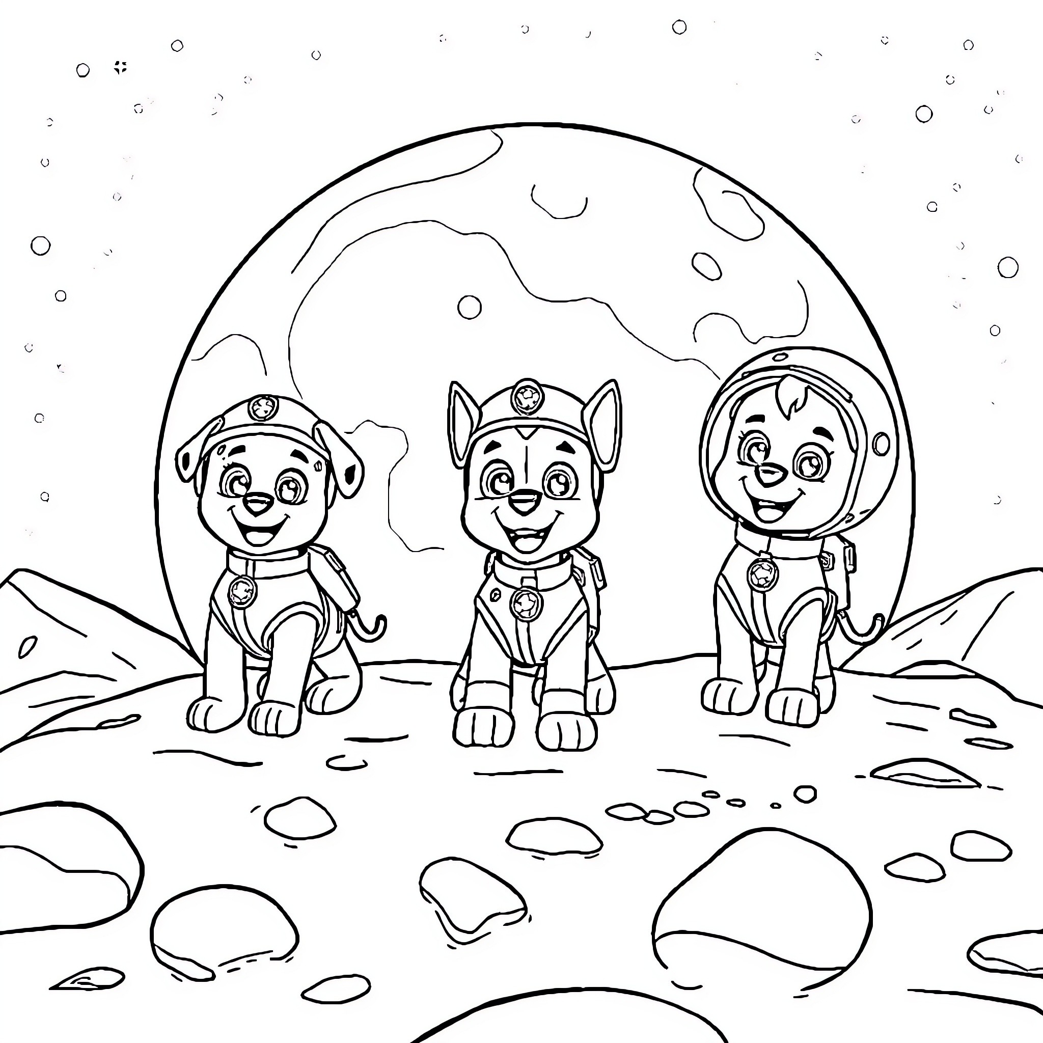 Paw Patrol pups exploring the moon Coloring Page (free black-and-white line drawing printable PDF for all, from beginners to advanced learners, including children, teens, adults, and seniors)