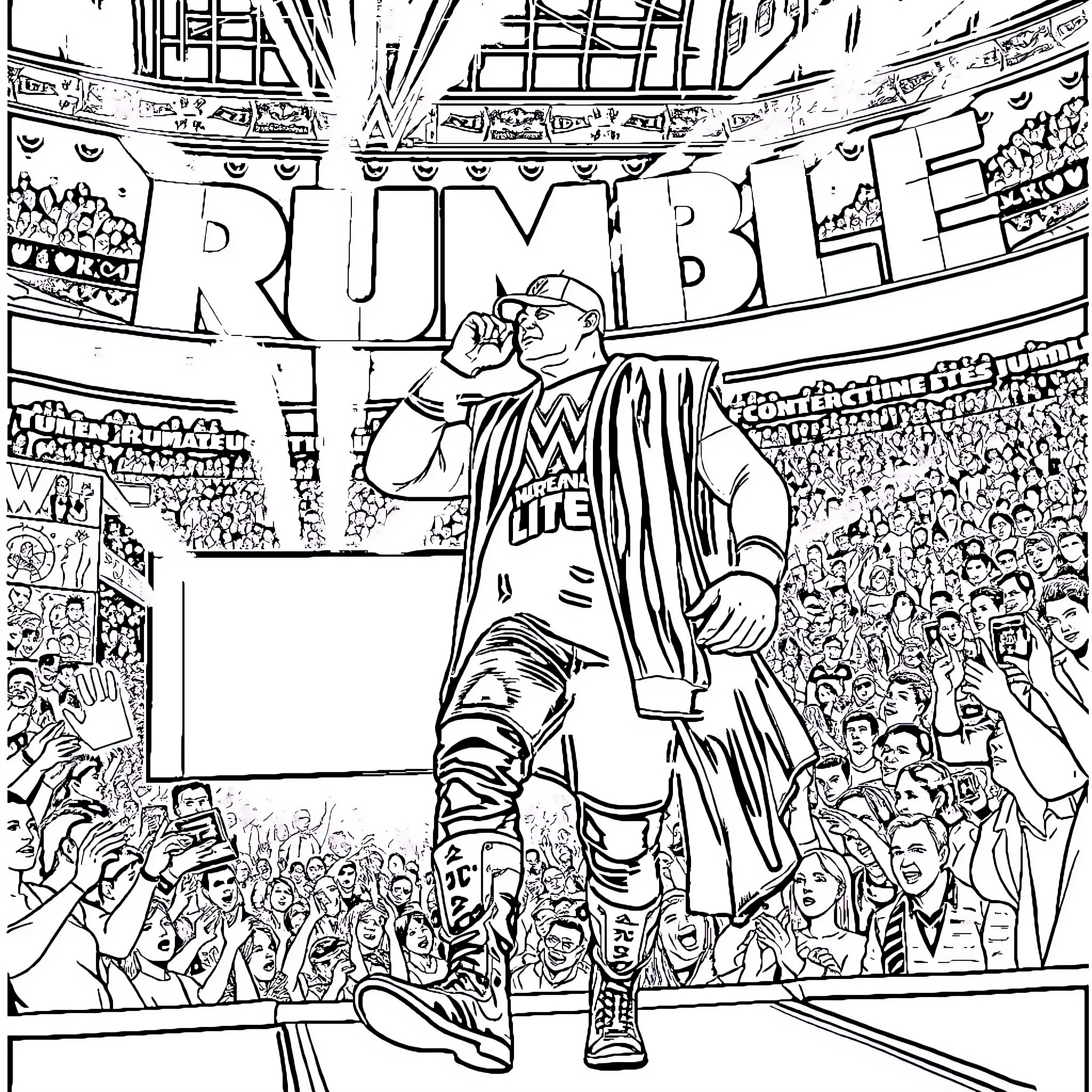 John Cena Performing in the Wrestling Ring Coloring Page (free black-and-white line drawing printable PDF for all, from beginners to advanced learners, including children, teens, adults, and seniors)