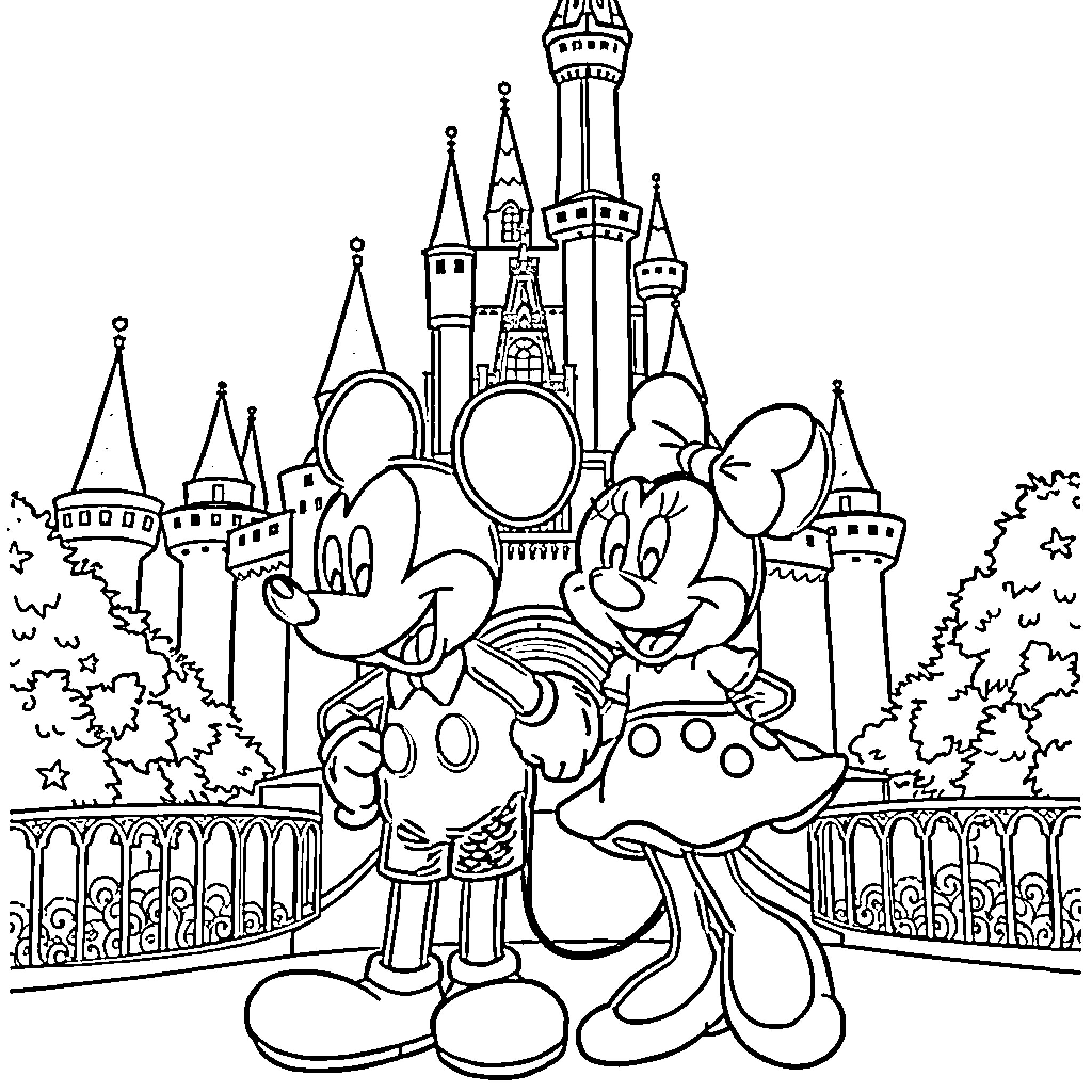 Mickey and Minnie at the Disney Castle Coloring Page (free black-and-white line drawing printable PDF for all, from beginners to advanced learners, including children, teens, adults, and seniors)