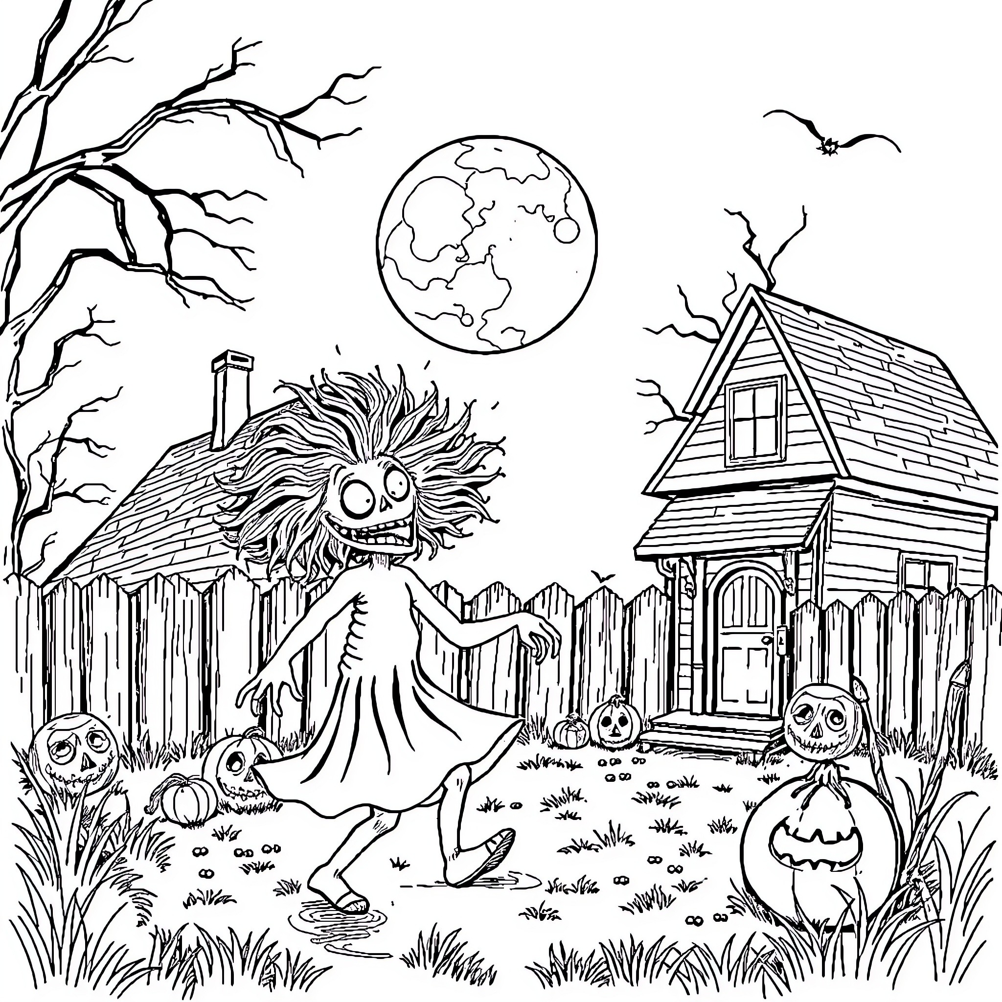 Neighbor's Spooky Halloween Celebration Coloring Page (free black-and-white line drawing printable PDF for all, from beginners to advanced learners, including children, teens, adults, and seniors)