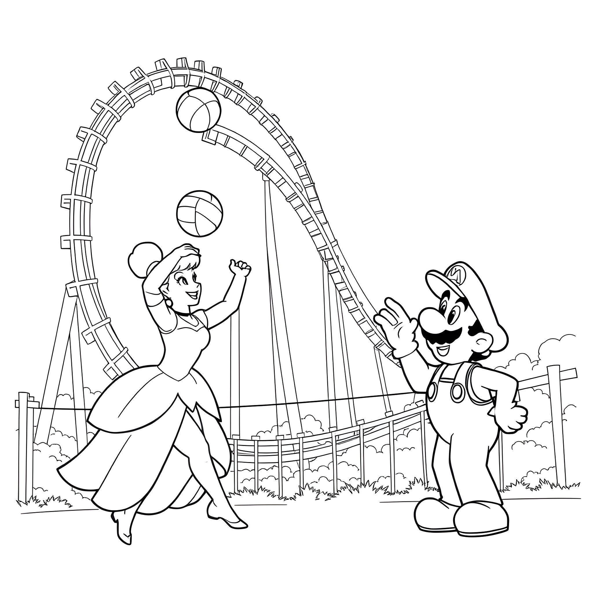 Cinderella and Mario at the Amusement Park Coloring Page (free black-and-white line drawing printable PDF for all, from beginners to advanced learners, including children, teens, adults, and seniors)