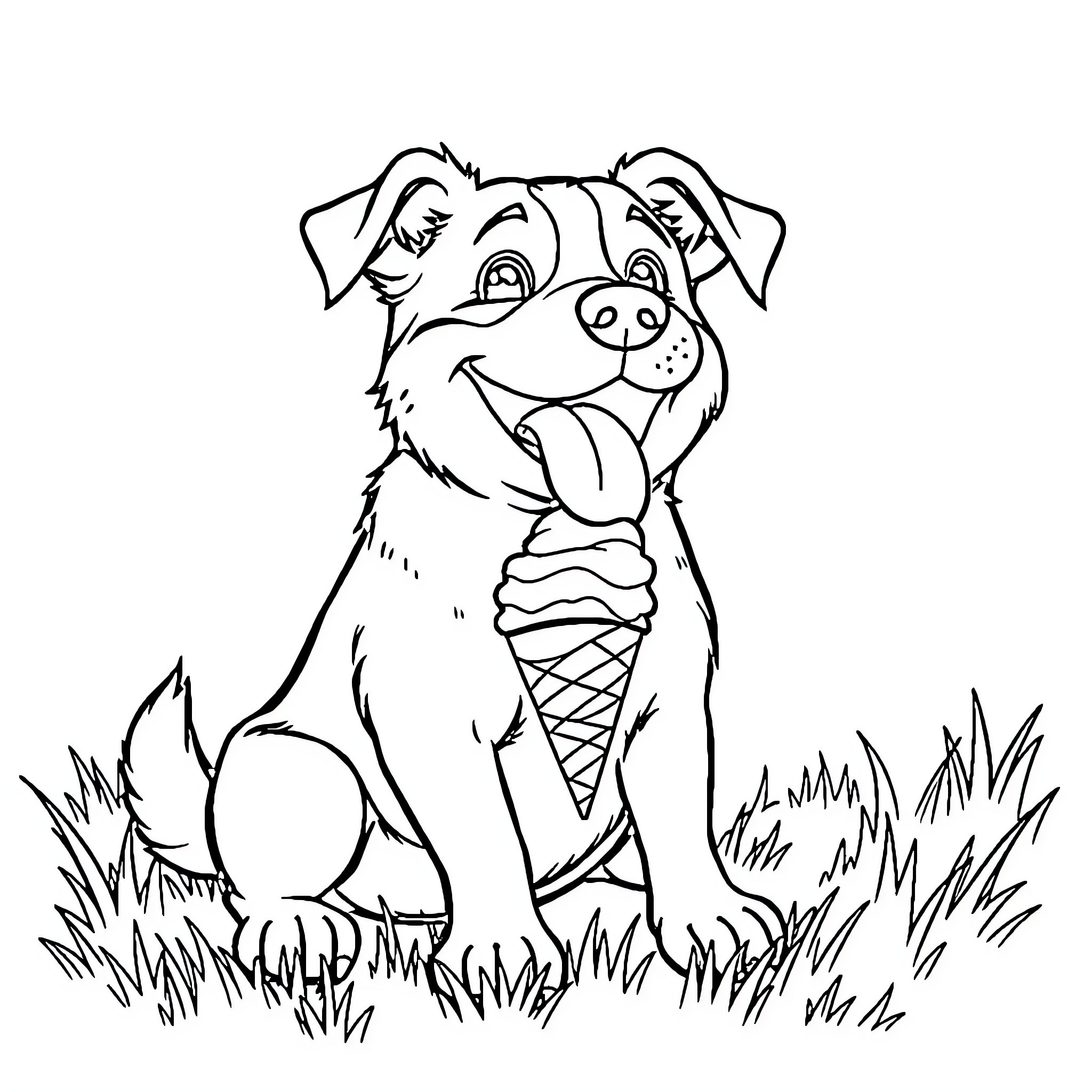 Dog enjoying an ice cream cone in the grass Coloring Page (free black-and-white line drawing printable PDF for all, from beginners to advanced learners, including children, teens, adults, and seniors)