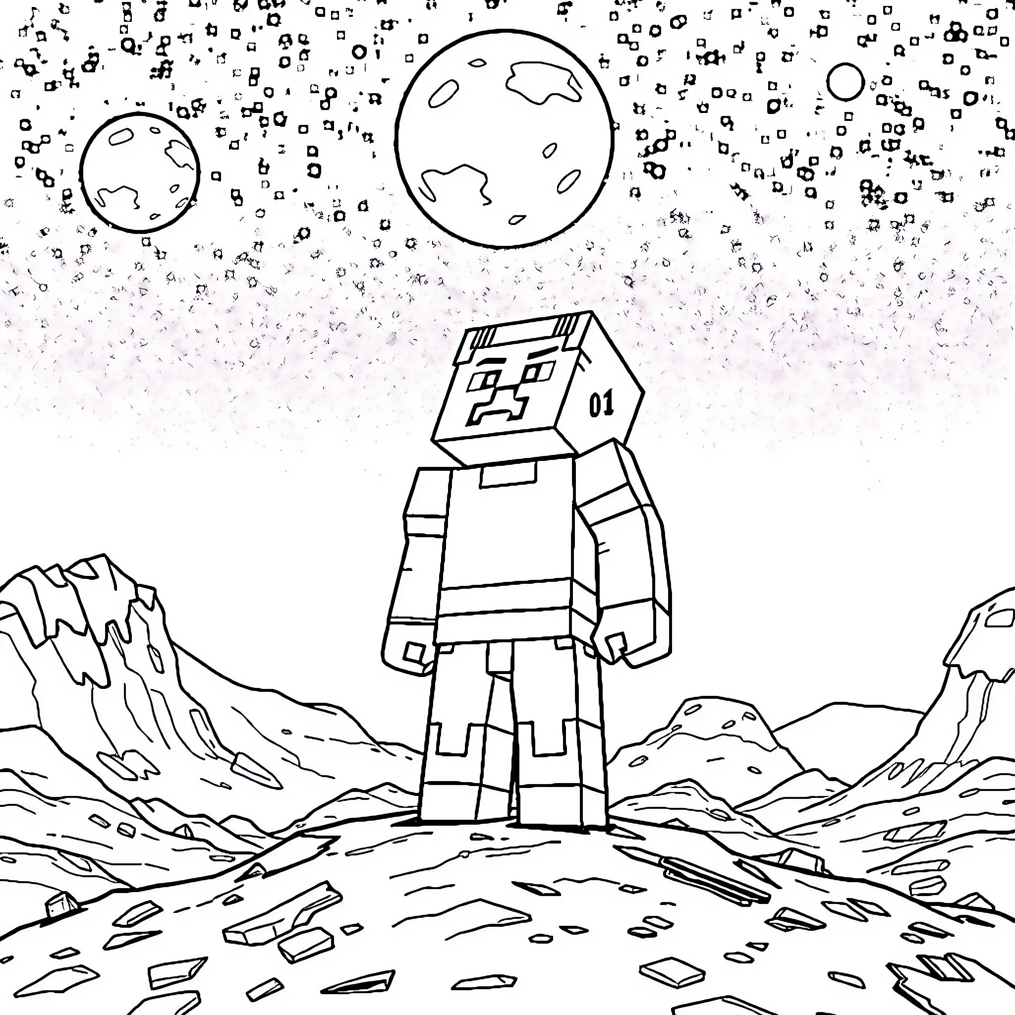 Steve's Interstellar Adventure Coloring Page (free black-and-white line drawing printable PDF for all, from beginners to advanced learners, including children, teens, adults, and seniors)