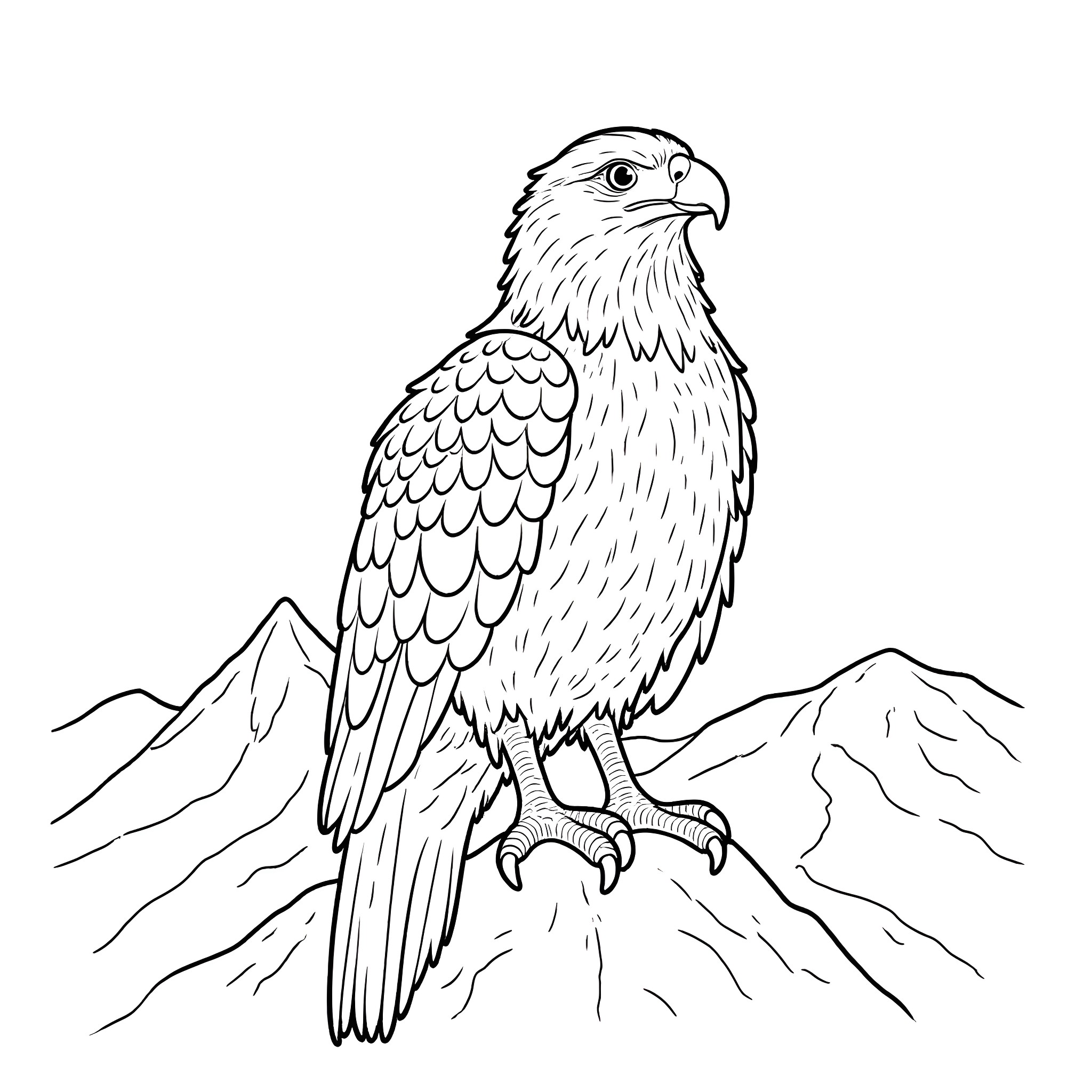 Eagle Perched on Rocky Mountain Coloring Page (free black-and-white line drawing printable PDF for all, from beginners to advanced learners, including children, teens, adults, and seniors)