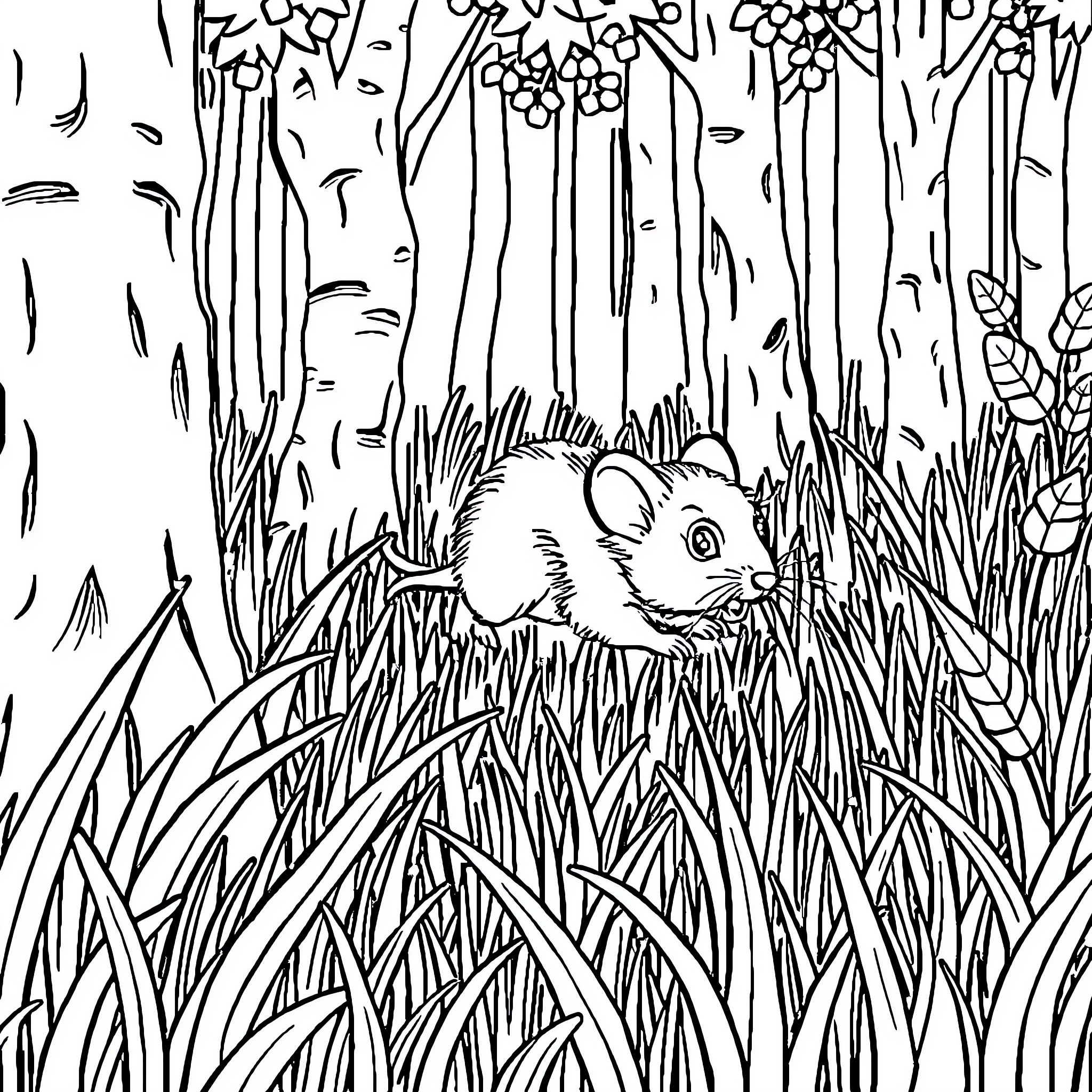Mouse exploring the forest with flowers Coloring Page (free black-and-white line drawing printable PDF for all, from beginners to advanced learners, including children, teens, adults, and seniors)
