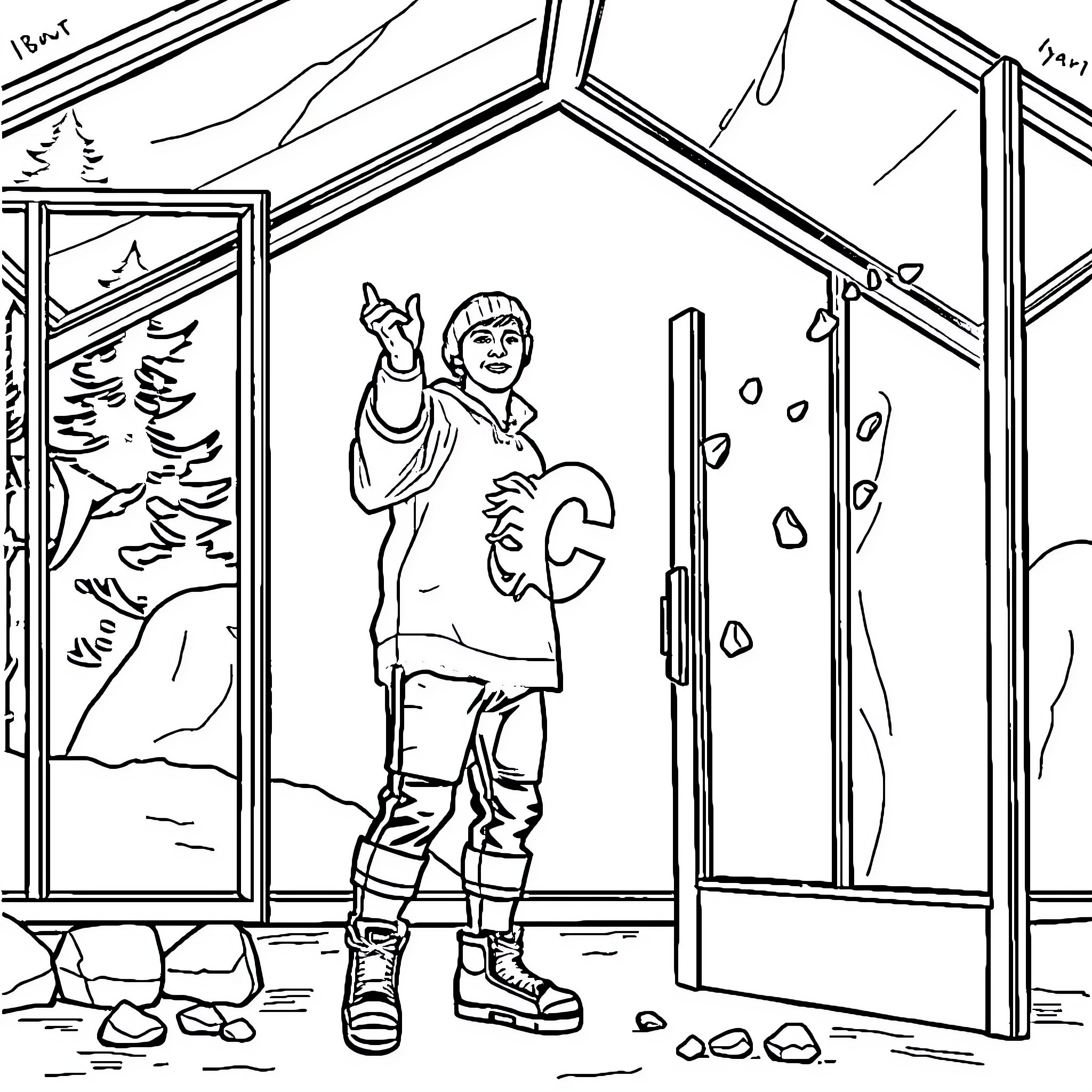 Fan celebrates joyfully in cozy winter setting Coloring Page (free black-and-white line drawing printable PDF for all, from beginners to advanced learners, including children, teens, adults, and seniors)