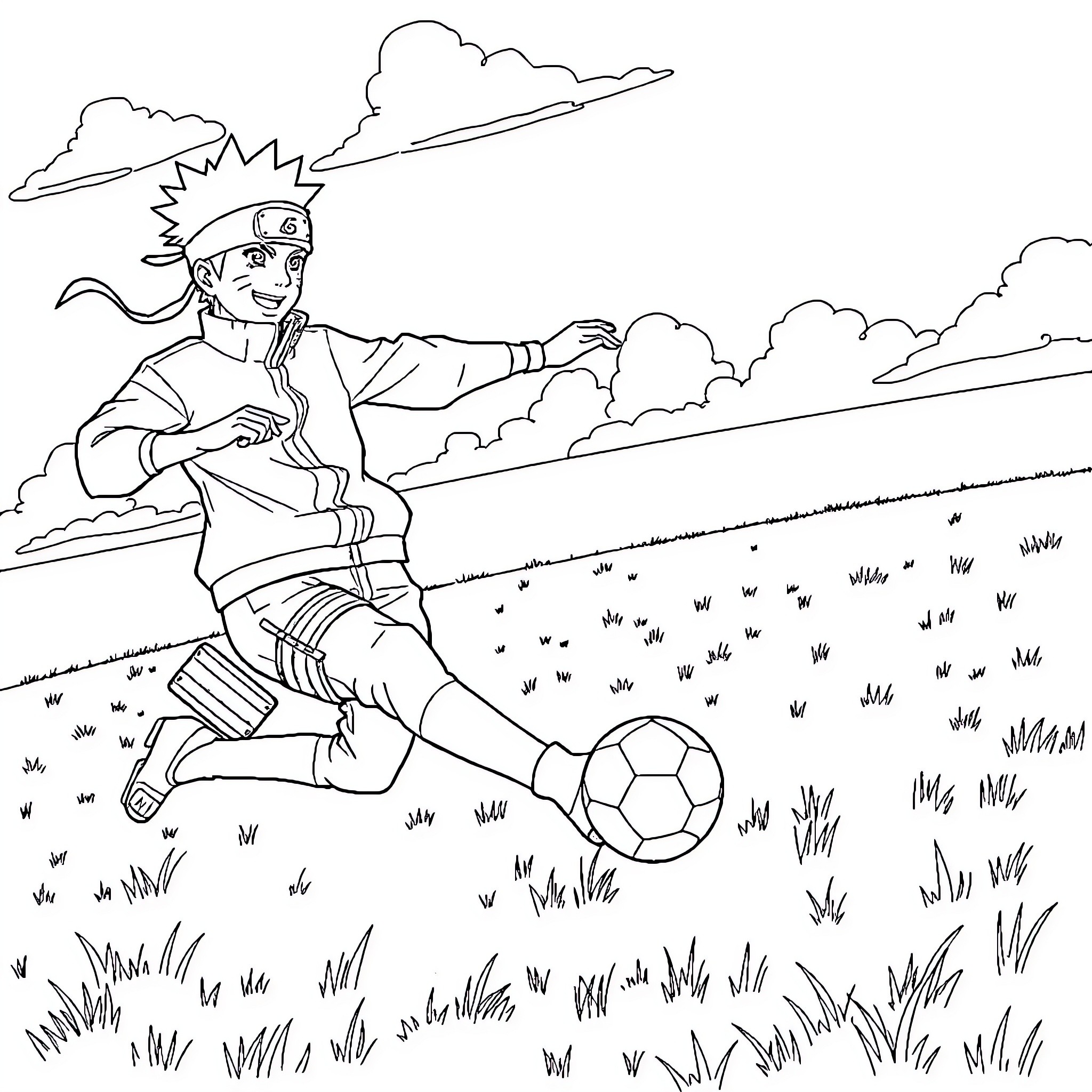Naruto playing soccer in the countryside Coloring Page (free black-and-white line drawing printable PDF for all, from beginners to advanced learners, including children, teens, adults, and seniors)