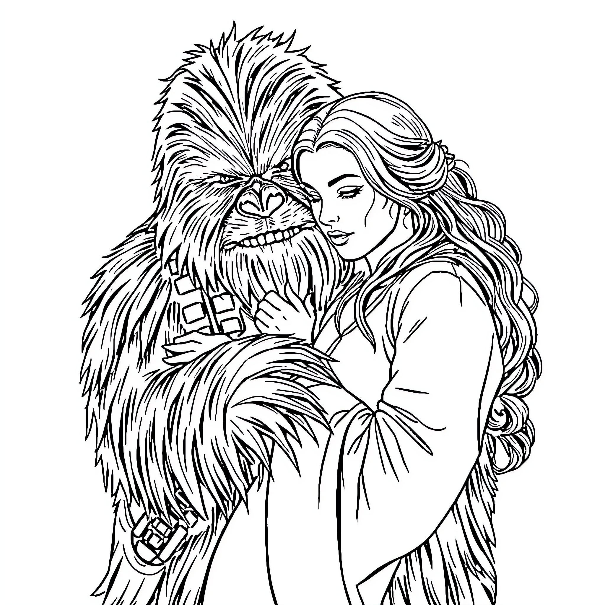 Chewbacca embracing a woman affectionately Coloring Page (free black-and-white line drawing printable PDF for all, from beginners to advanced learners, including children, teens, adults, and seniors)