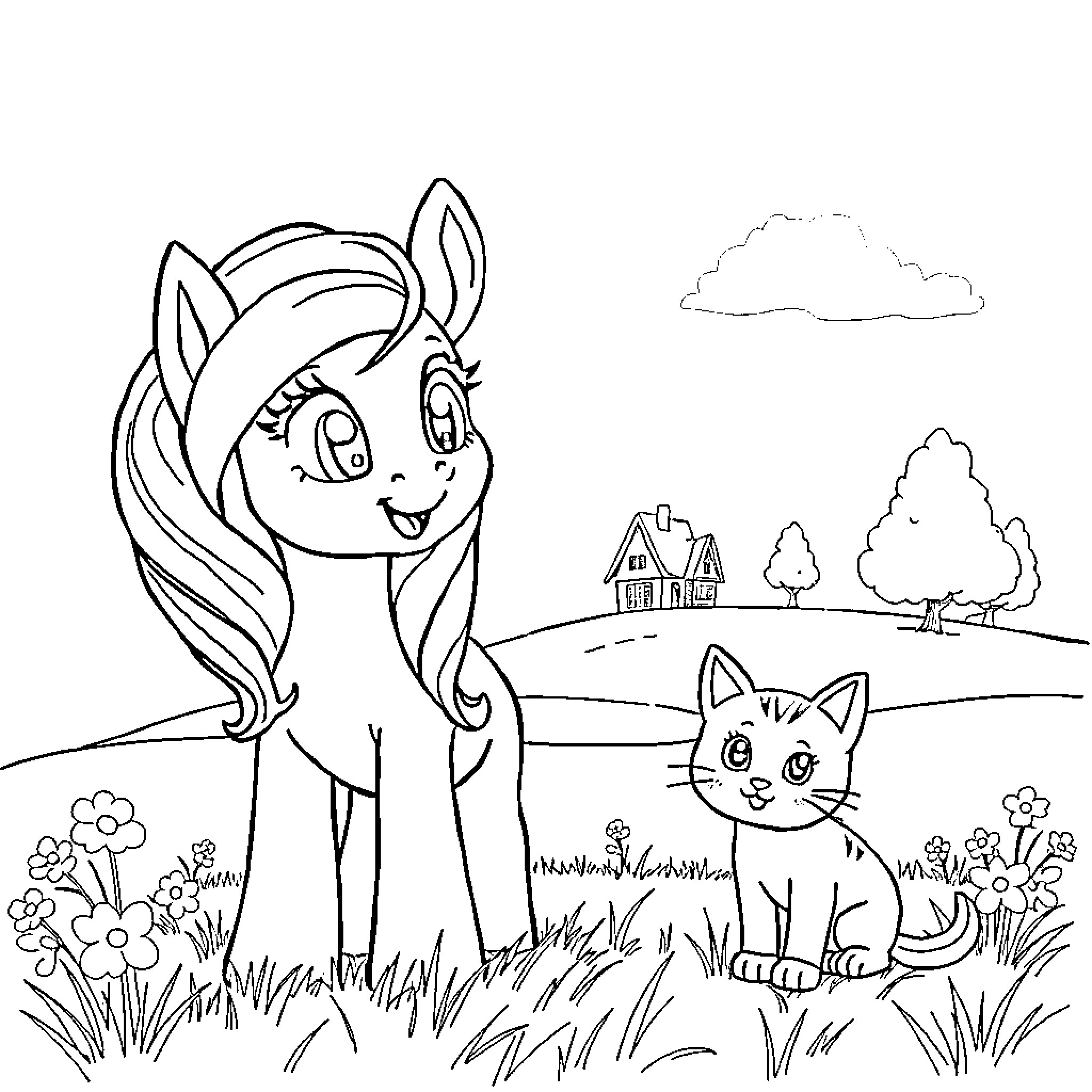 Poney and Feline Friends in Whimsical Countryside Coloring Page (free black-and-white line drawing printable PDF for all, from beginners to advanced learners, including children, teens, adults, and seniors)