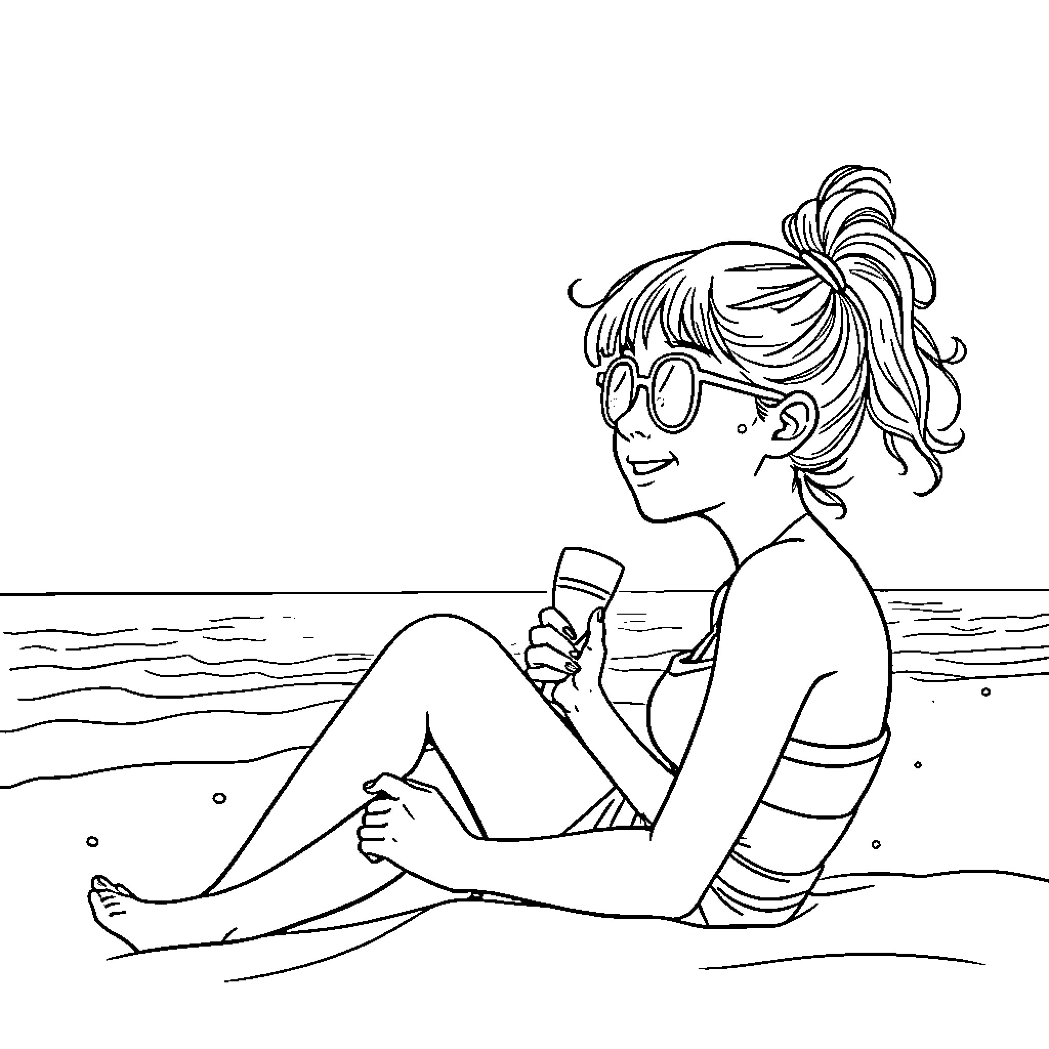 Girl relaxing on the beach Coloring Page (free black-and-white line drawing printable PDF for all, from beginners to advanced learners, including children, teens, adults, and seniors)