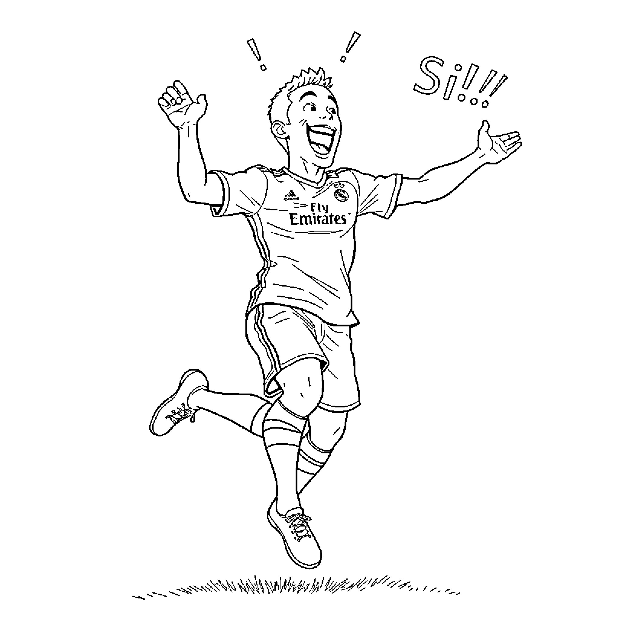 Cristiano Ronaldo celebrating with excitement Coloring Page (free black-and-white line drawing printable PDF for all, from beginners to advanced learners, including children, teens, adults, and seniors)