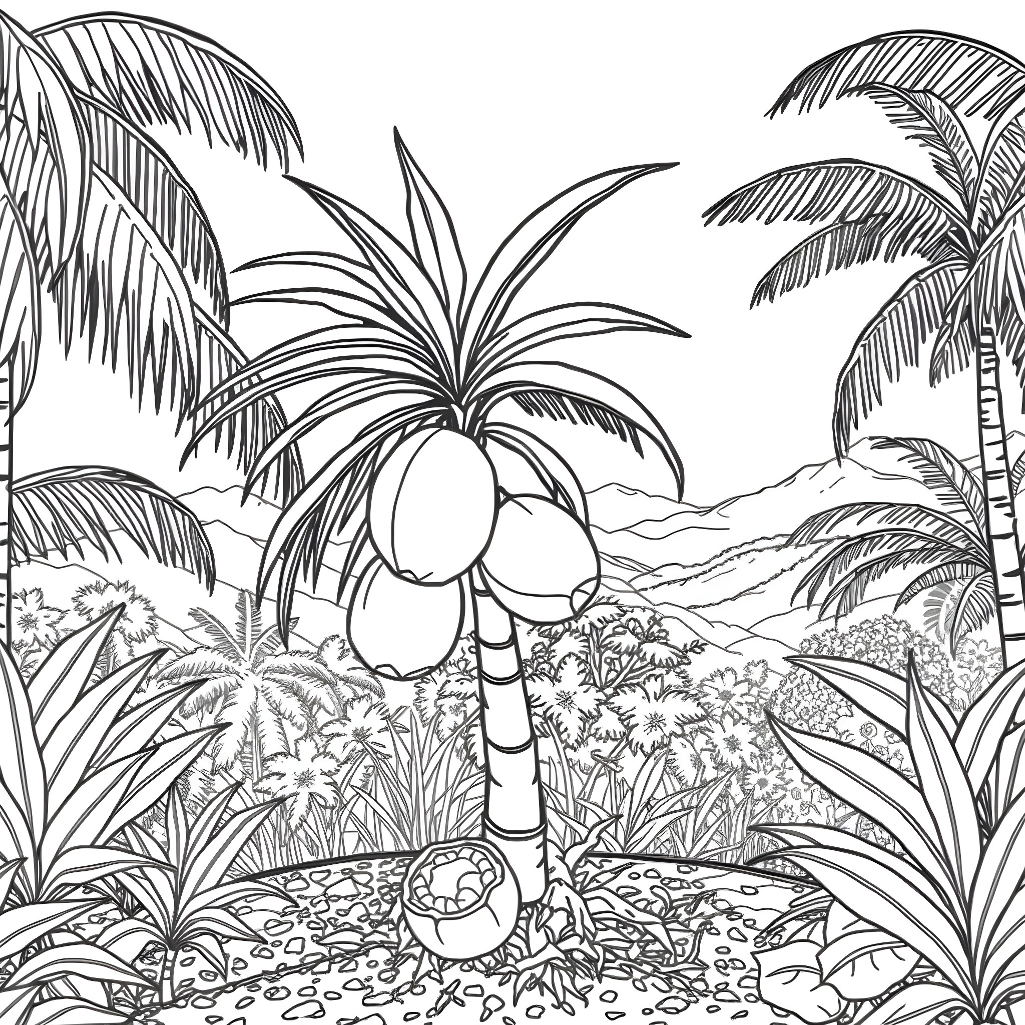Coconut palm trees and tropical foliage in scenic landscape Coloring Page (free black-and-white line drawing printable PDF for all, from beginners to advanced learners, including children, teens, adults, and seniors)