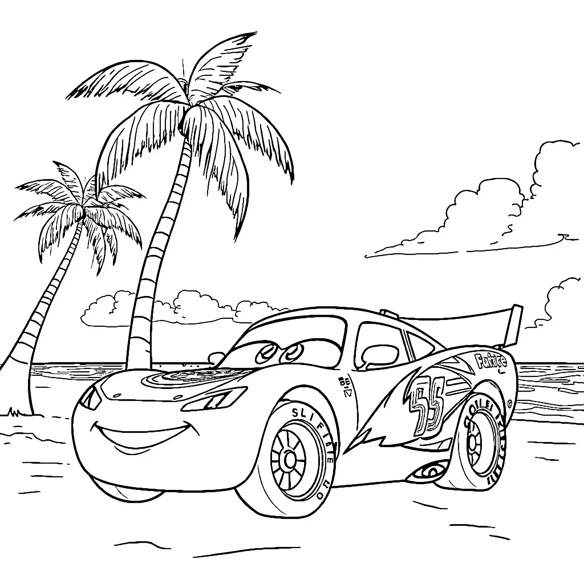 Flash McQueen's Beach Adventure Coloring Page (free black-and-white line drawing printable PDF for all, from beginners to advanced learners, including children, teens, adults, and seniors)