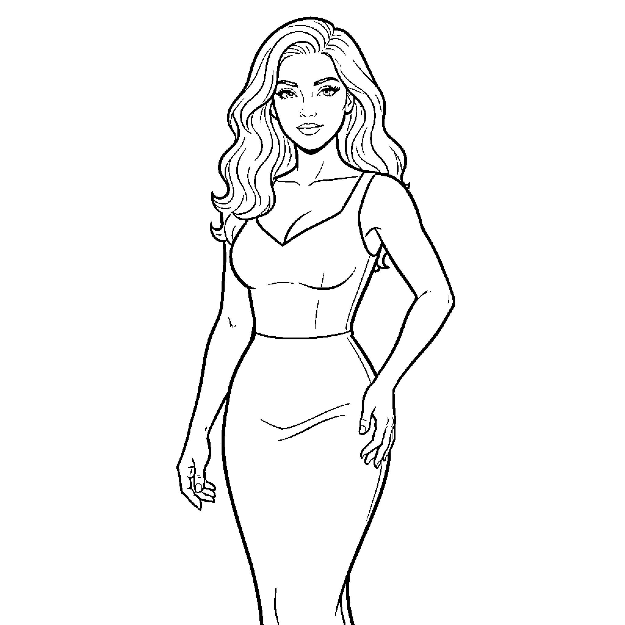 Woman posing in fashionable outfit Coloring Page (free black-and-white line drawing printable PDF for all, from beginners to advanced learners, including children, teens, adults, and seniors)