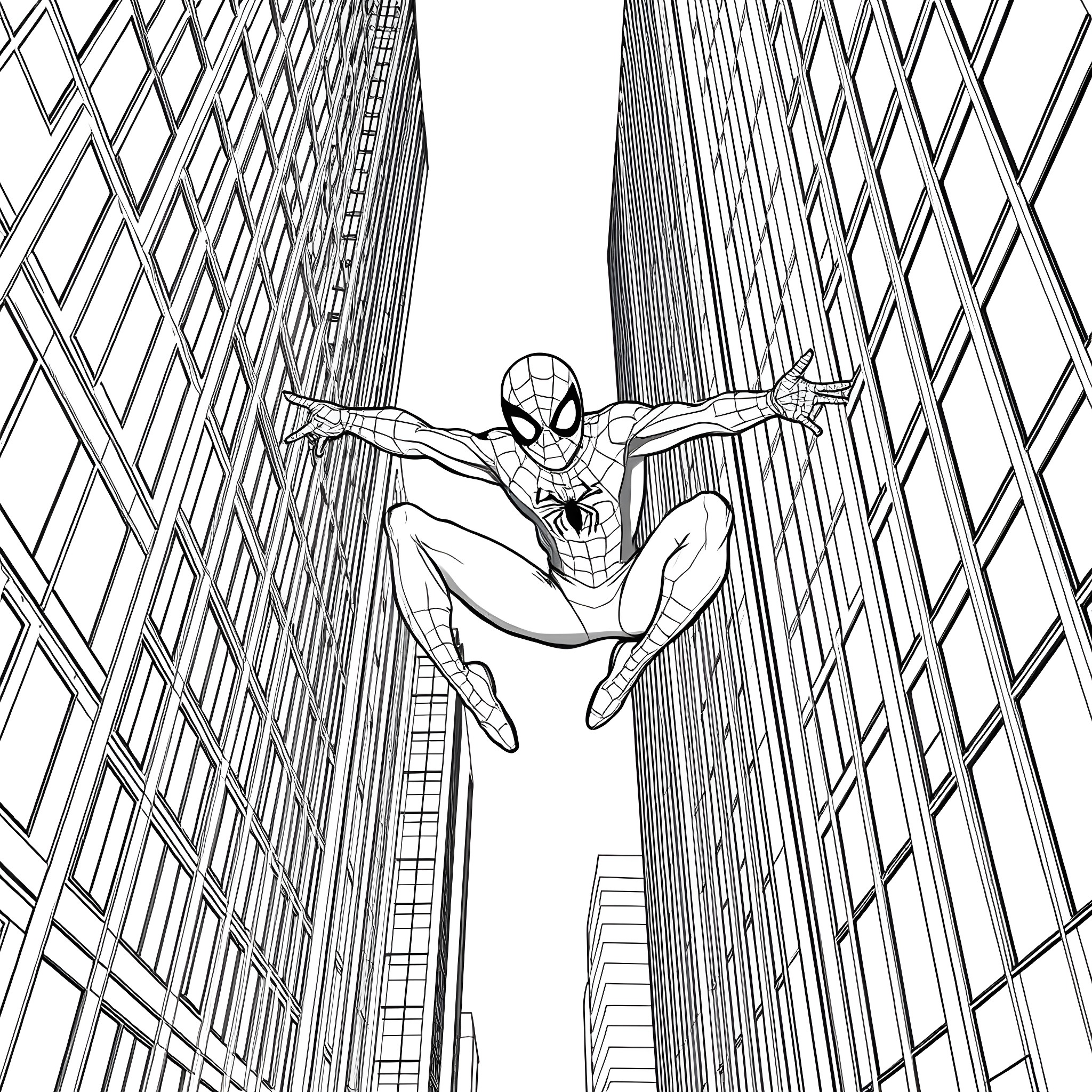 Spider-Man swinging through the city Coloring Page (free black-and-white line drawing printable PDF for all, from beginners to advanced learners, including children, teens, adults, and seniors)