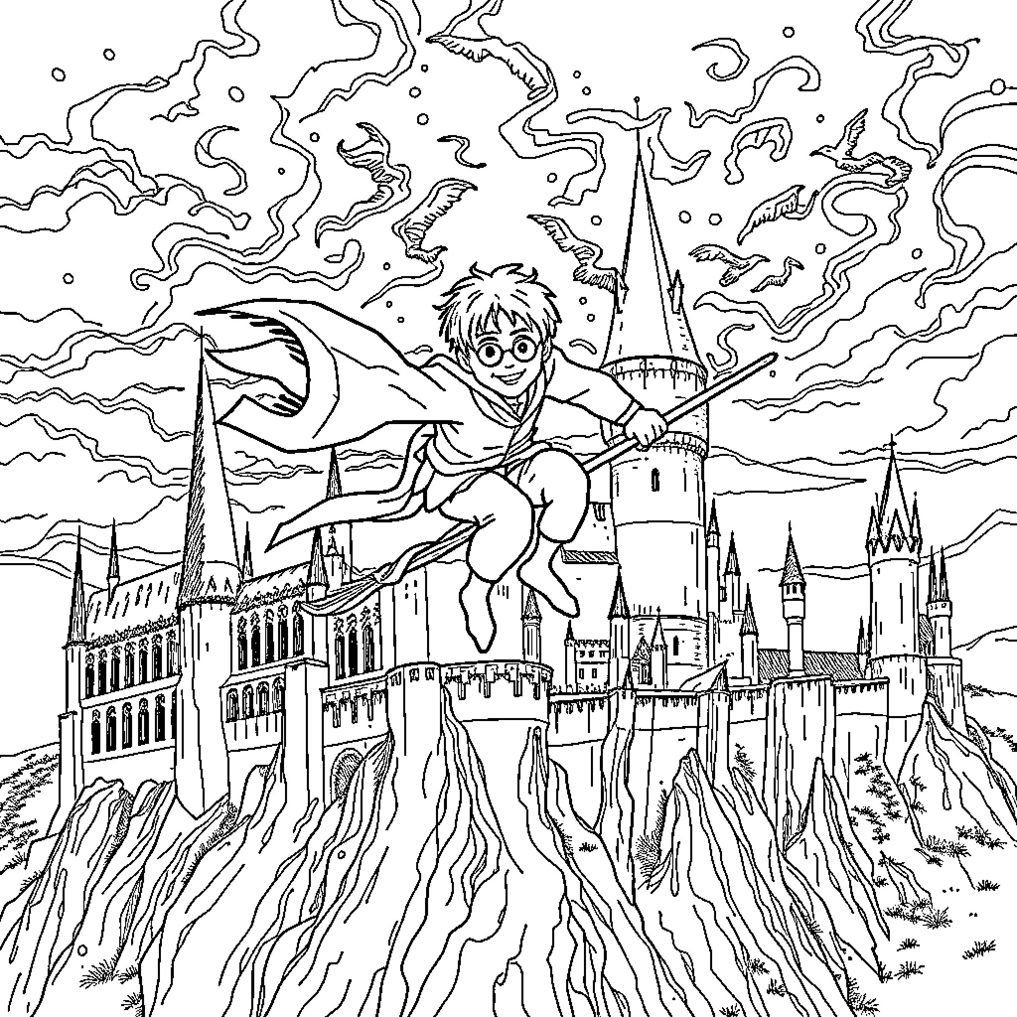Broomstick flying over magical castle Coloring Page (free black-and-white line drawing printable PDF for all, from beginners to advanced learners, including children, teens, adults, and seniors)