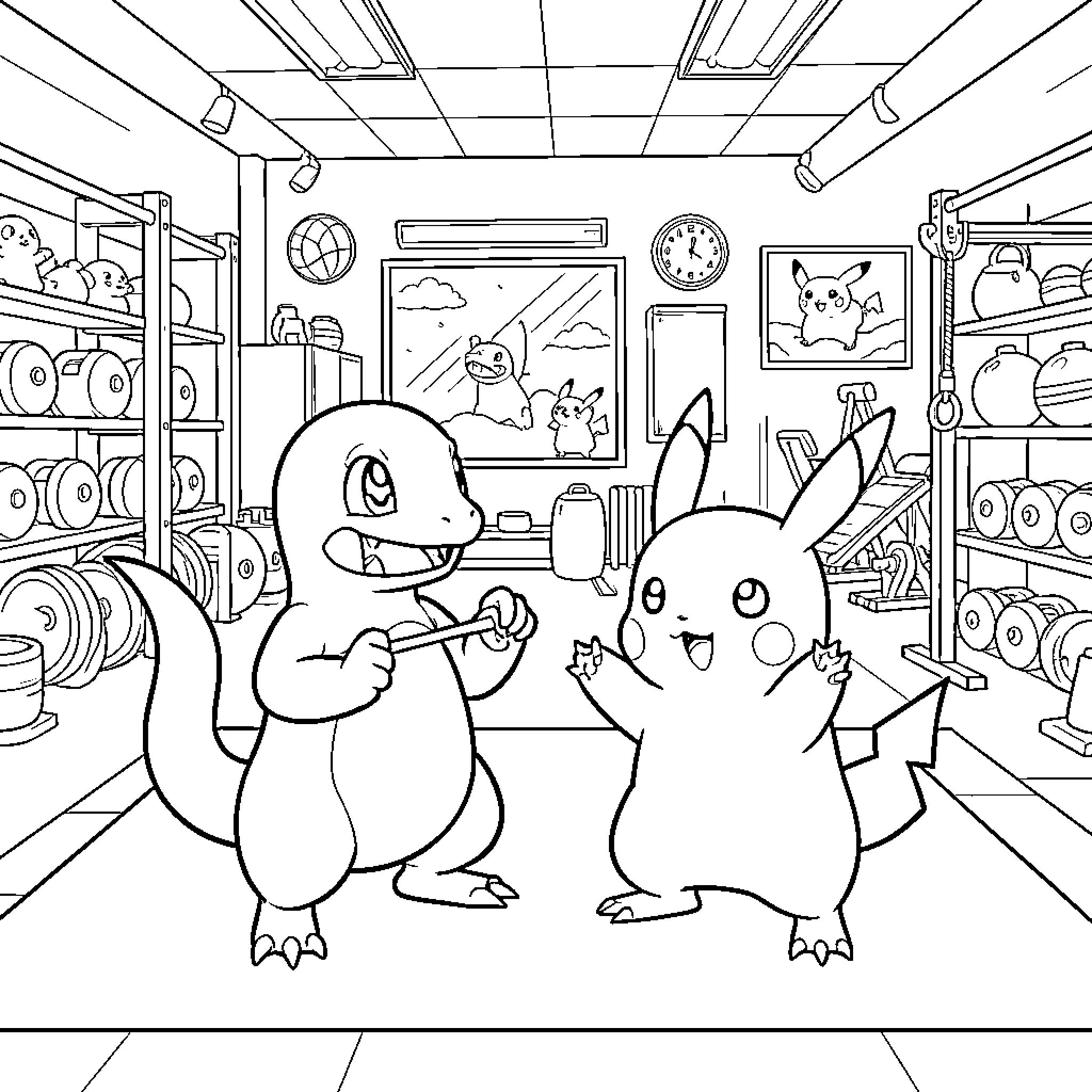 Charmander and Pikachu in a Pokemon supply shop Coloring Page (free black-and-white line drawing printable PDF for all, from beginners to advanced learners, including children, teens, adults, and seniors)