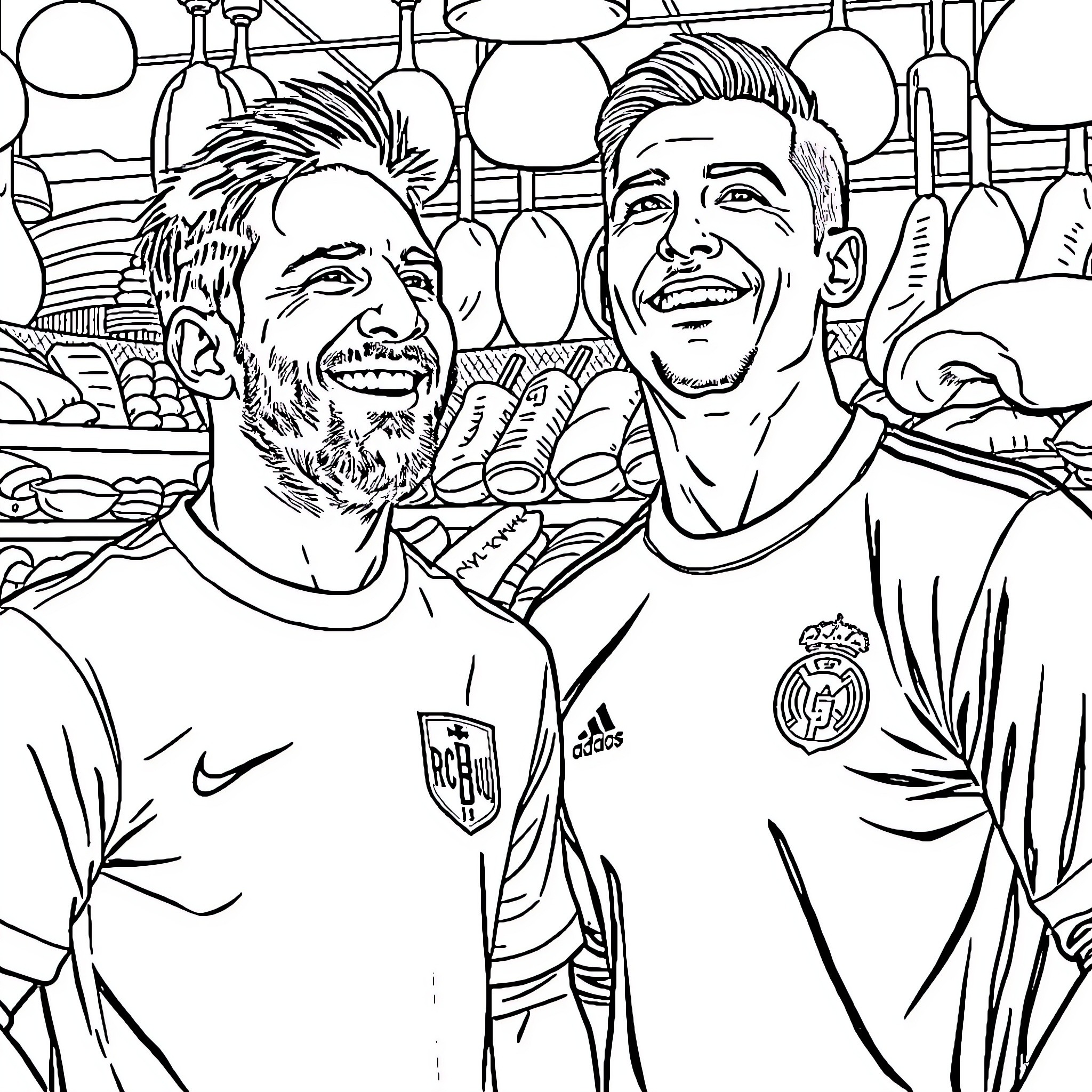Messi and teammate celebrating a goal Coloring Page (free black-and-white line drawing printable PDF for all, from beginners to advanced learners, including children, teens, adults, and seniors)