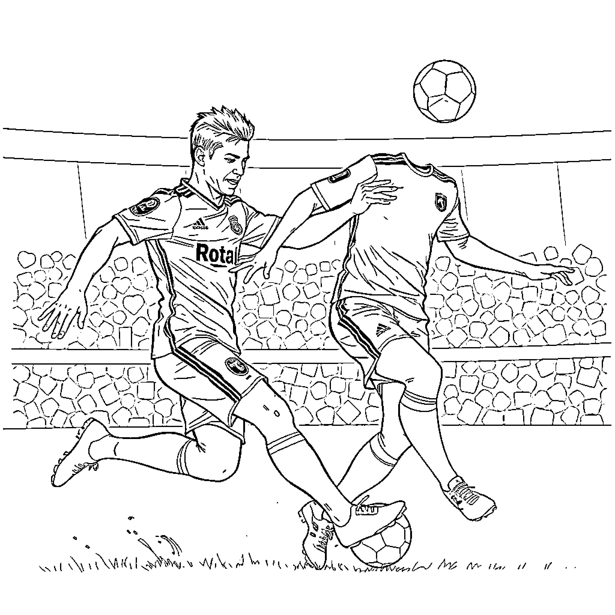 Cristiano Ronaldo playing soccer in a match Coloring Page (free black-and-white line drawing printable PDF for all, from beginners to advanced learners, including children, teens, adults, and seniors)