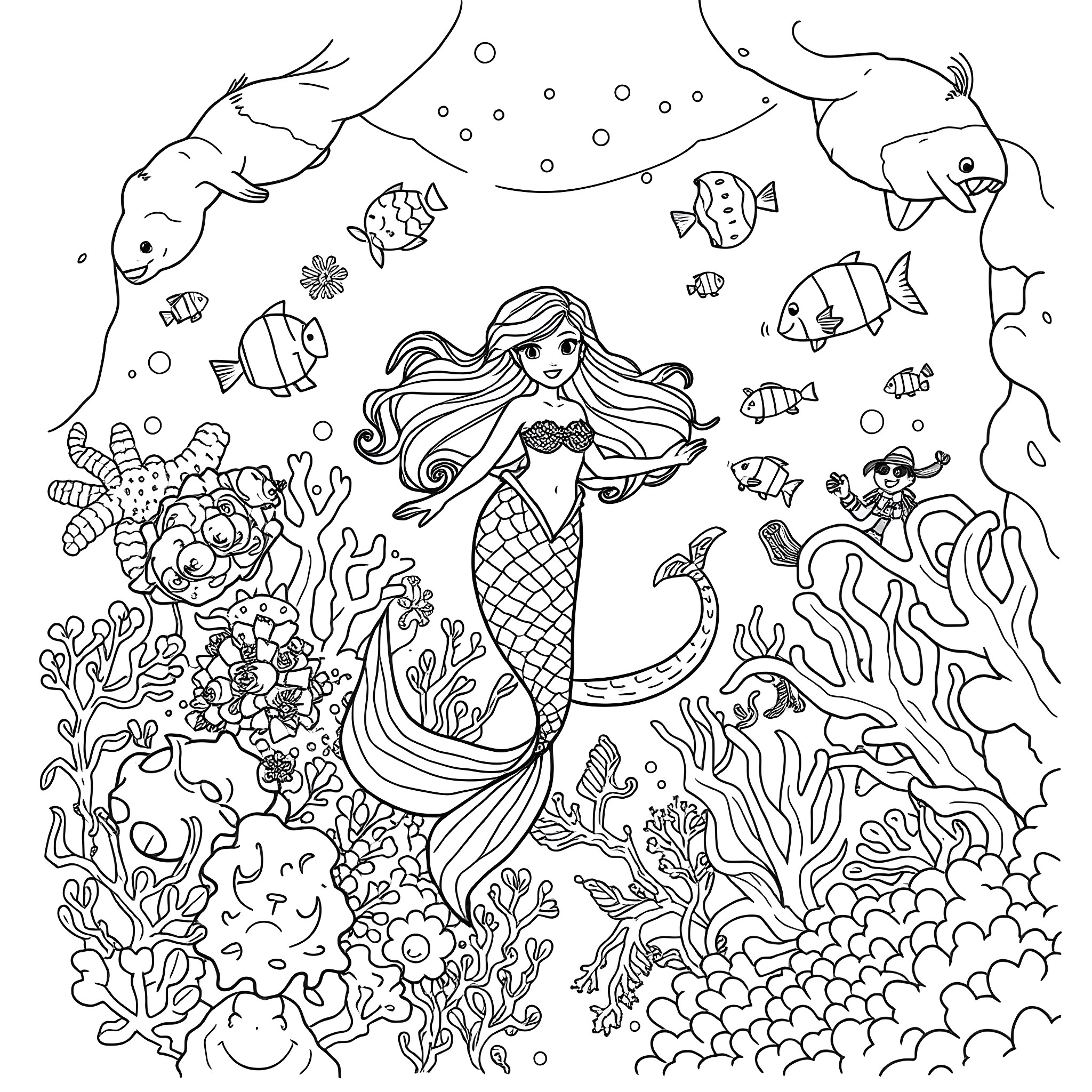 Mermaid surrounded by underwater creatures and plants Coloring Page (free black-and-white line drawing printable PDF for all, from beginners to advanced learners, including children, teens, adults, and seniors)