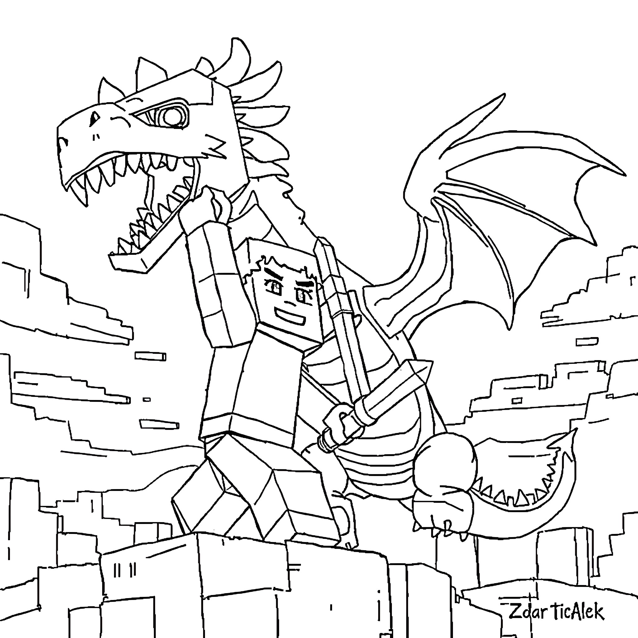 Steve's Mighty Dragon Unleashes Fiery Destruction Coloring Page (free black-and-white line drawing printable PDF for all, from beginners to advanced learners, including children, teens, adults, and seniors)