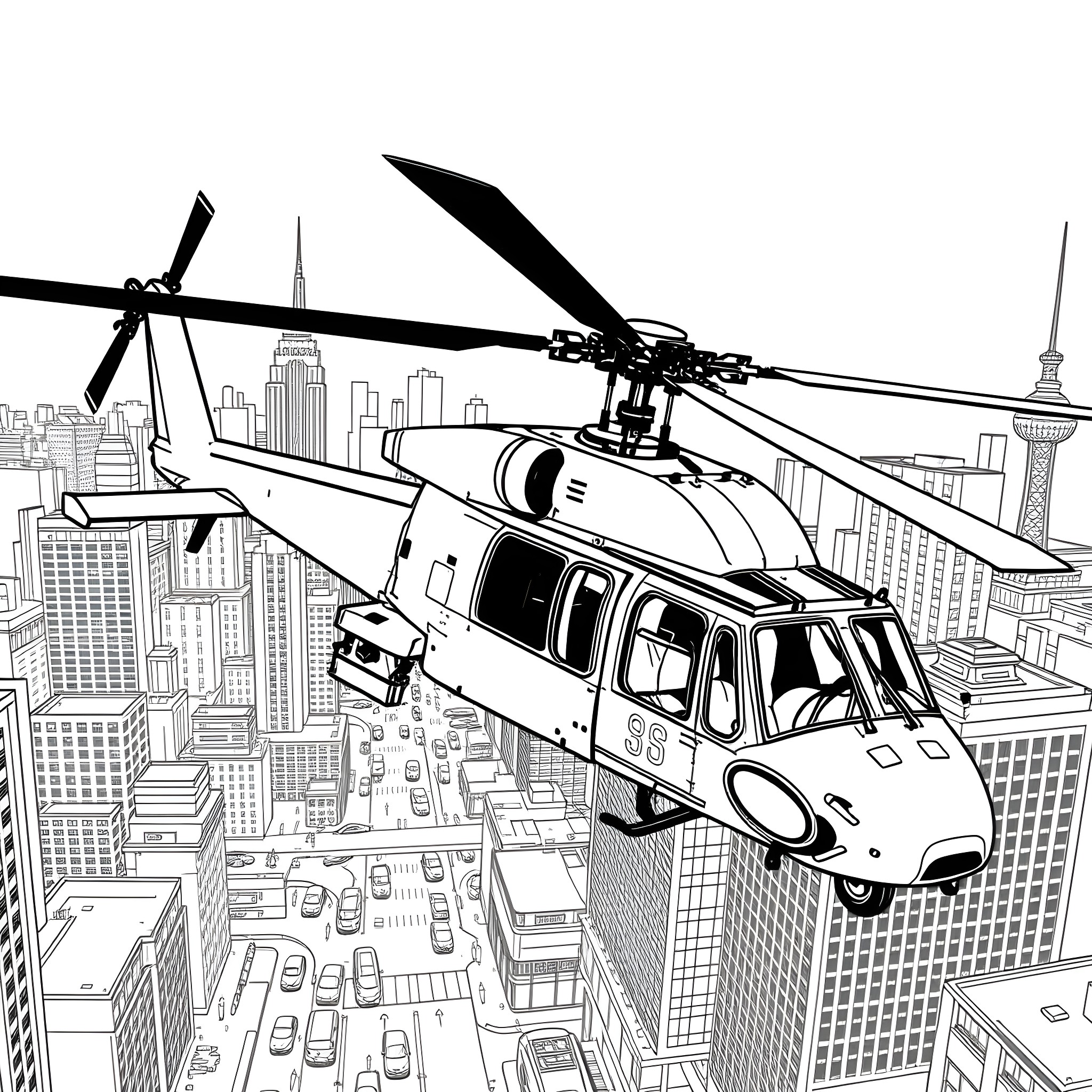 Hawk military helicopter soaring over urban cityscape Coloring Page (free black-and-white line drawing printable PDF for all, from beginners to advanced learners, including children, teens, adults, and seniors)