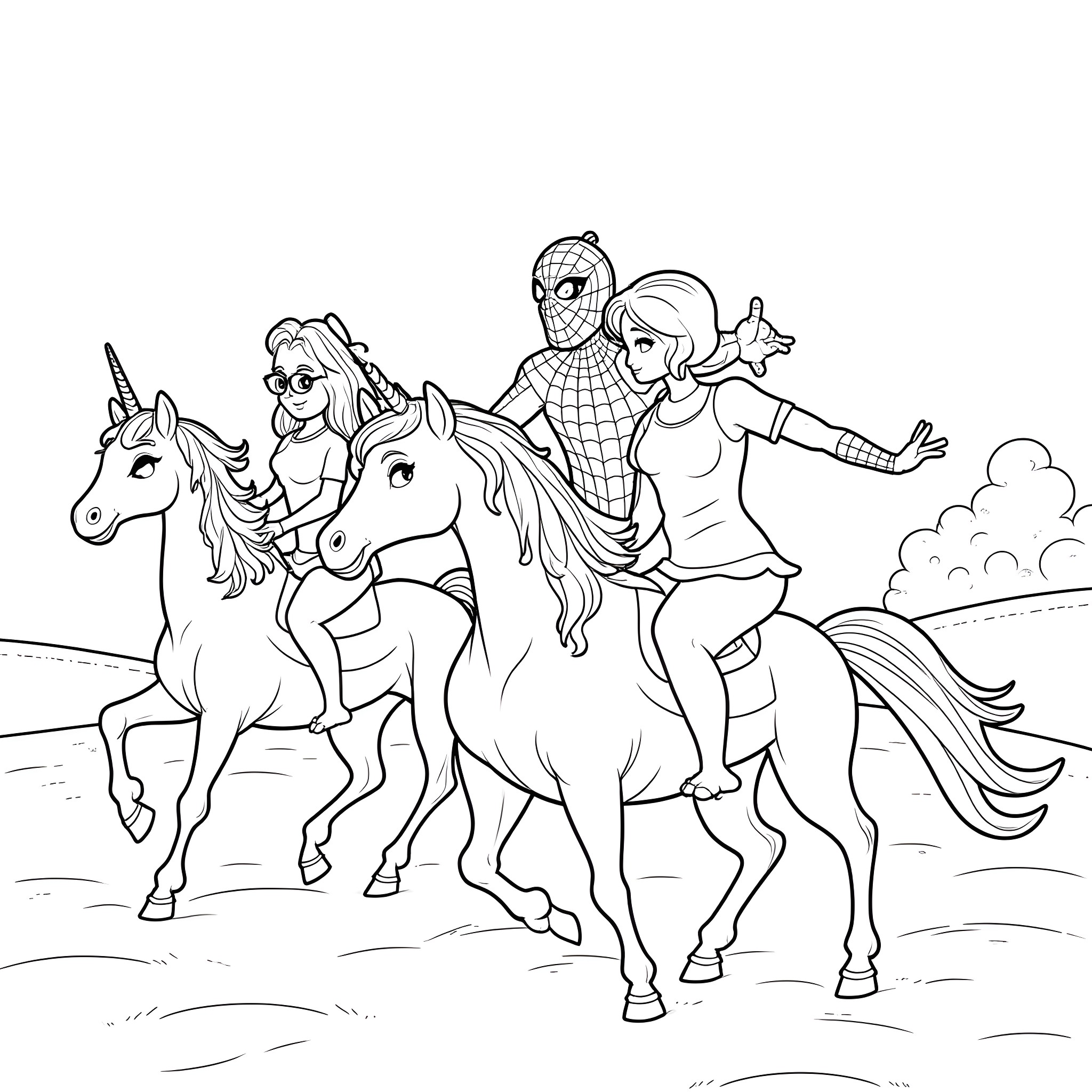 Spider Heroes Riding Magical Unicorns on Adventure Coloring Page (free black-and-white line drawing printable PDF for all, from beginners to advanced learners, including children, teens, adults, and seniors)