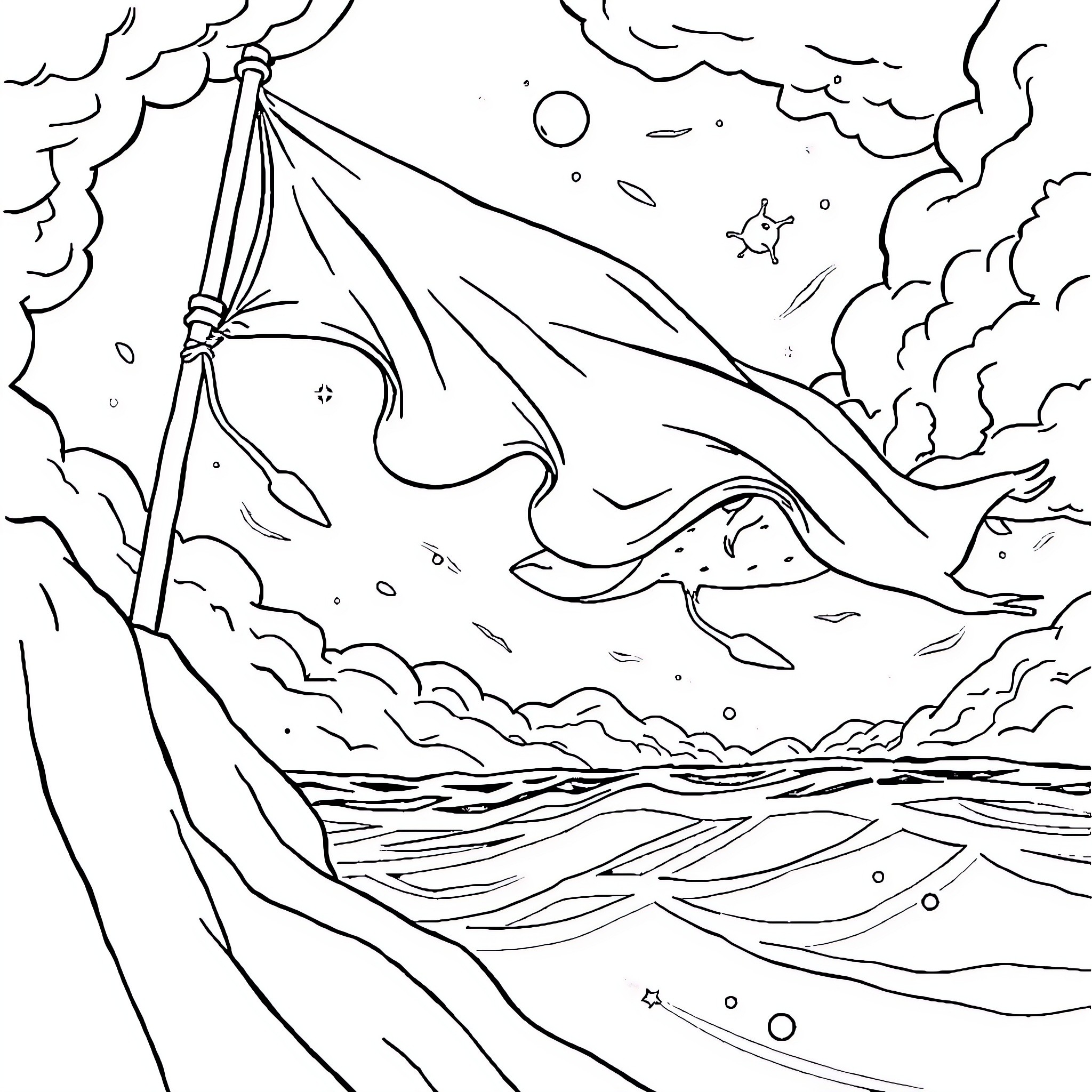 Trois-Mâts sailing in stormy seas Coloring Page (free black-and-white line drawing printable PDF for all, from beginners to advanced learners, including children, teens, adults, and seniors)