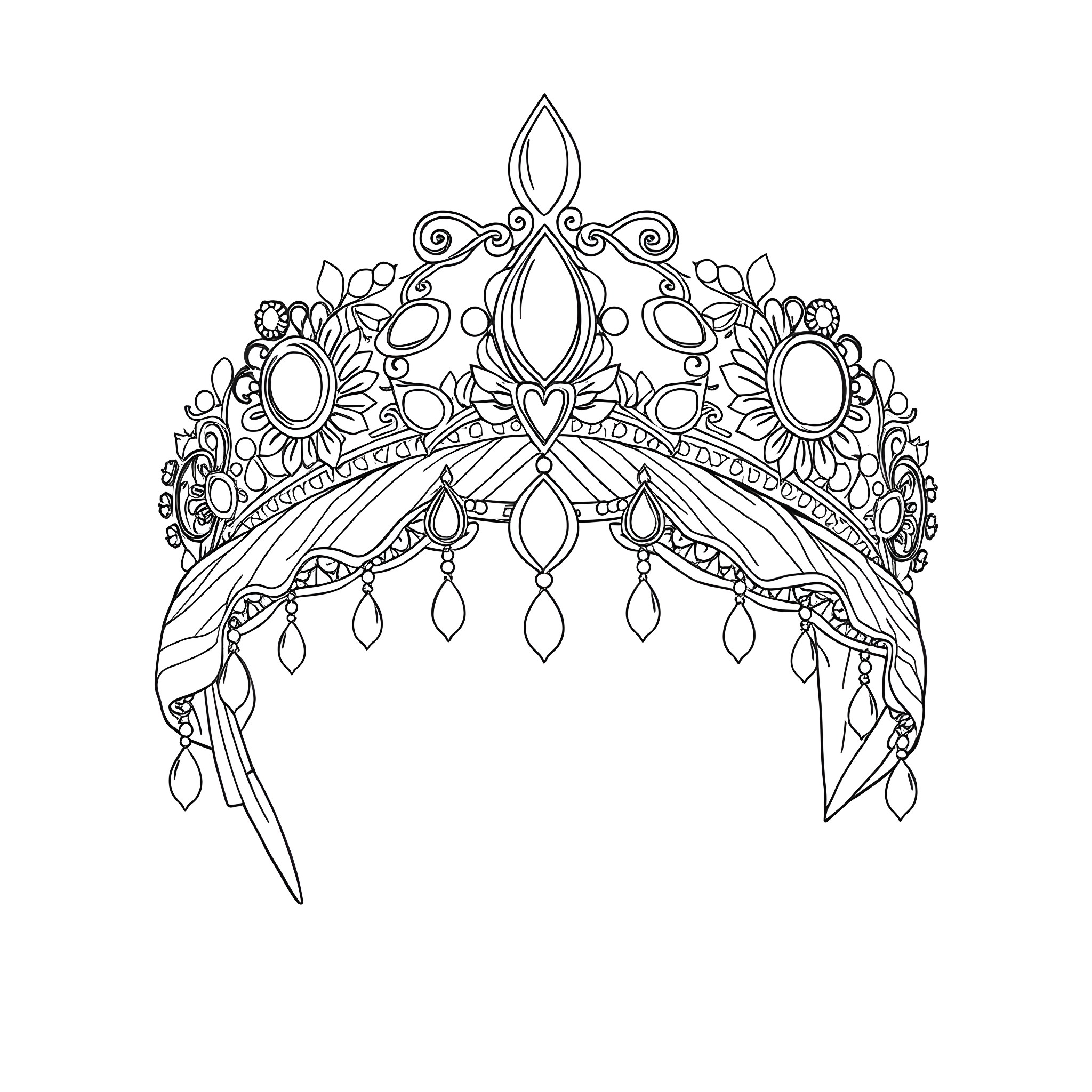 Aladdin's Enchanted Crown with Floral Designs Coloring Page (free black-and-white line drawing printable PDF for all, from beginners to advanced learners, including children, teens, adults, and seniors)